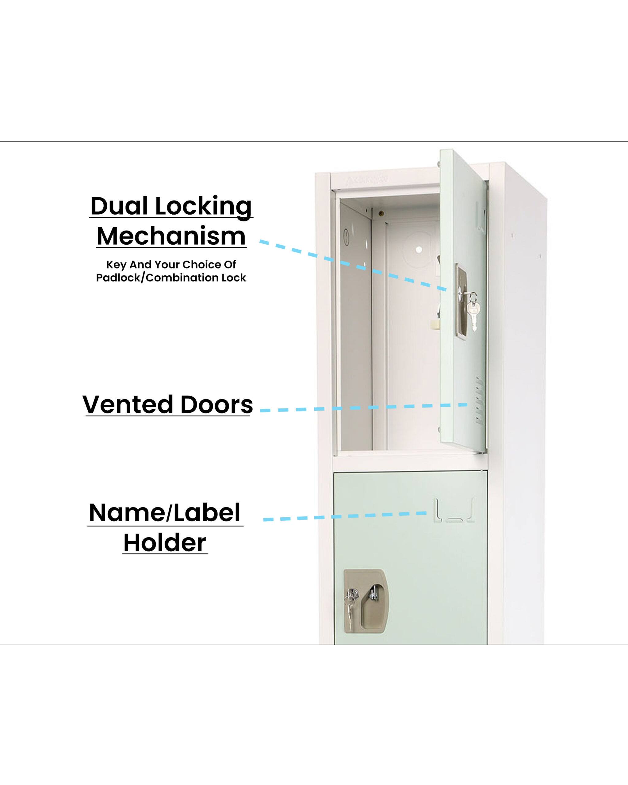 Dual Locking Mechanism: Key And Your Choice Of Padlock/Combination Lock
Vented Doors
Name/Label Holder