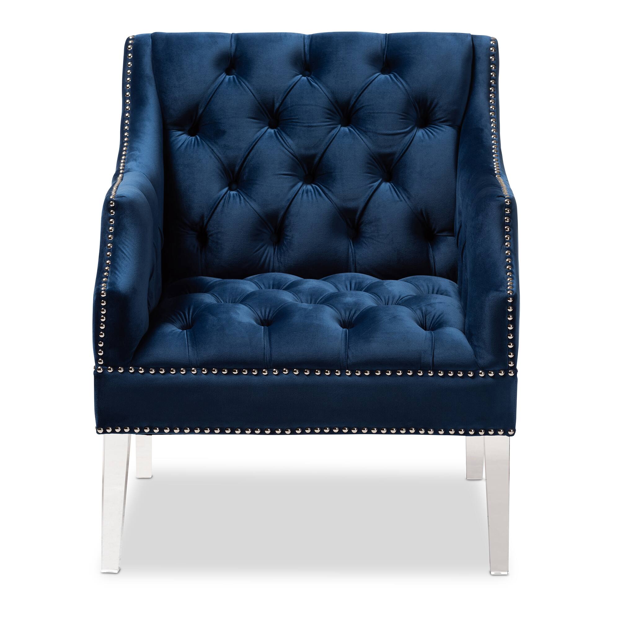 Angle. Baxton Studio - Silvana Modern and Contemporary Velvet Fabric Upholstered Lounge Chair with Acrylic Legs - Navy Blue/Clear.