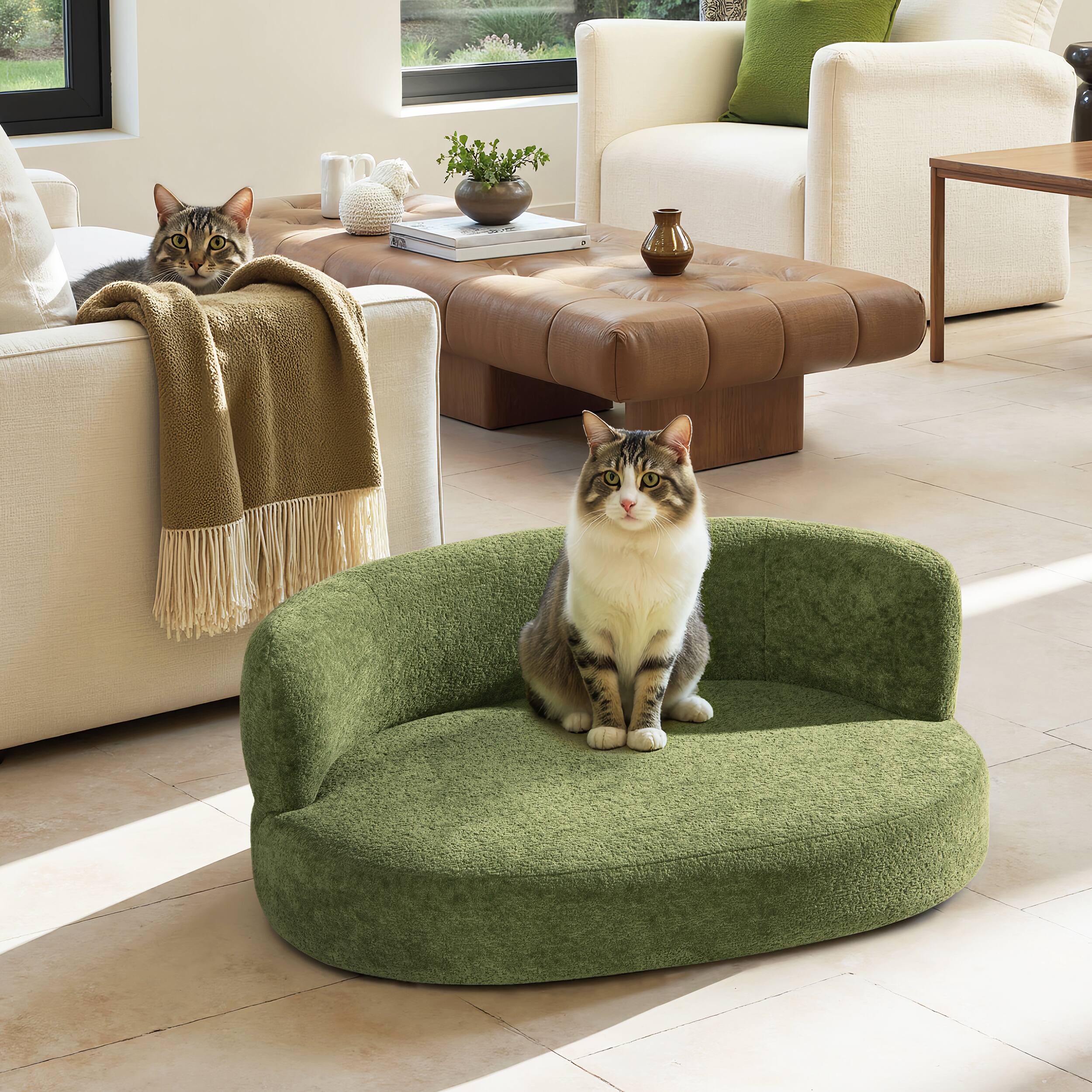 Angle. Siljoy - Moss Green Curved Dog Sofa, Medium Size, Fleeced Teddy Fabric, 150 lb Capacity, Eco‑Friendly Frame - Green.