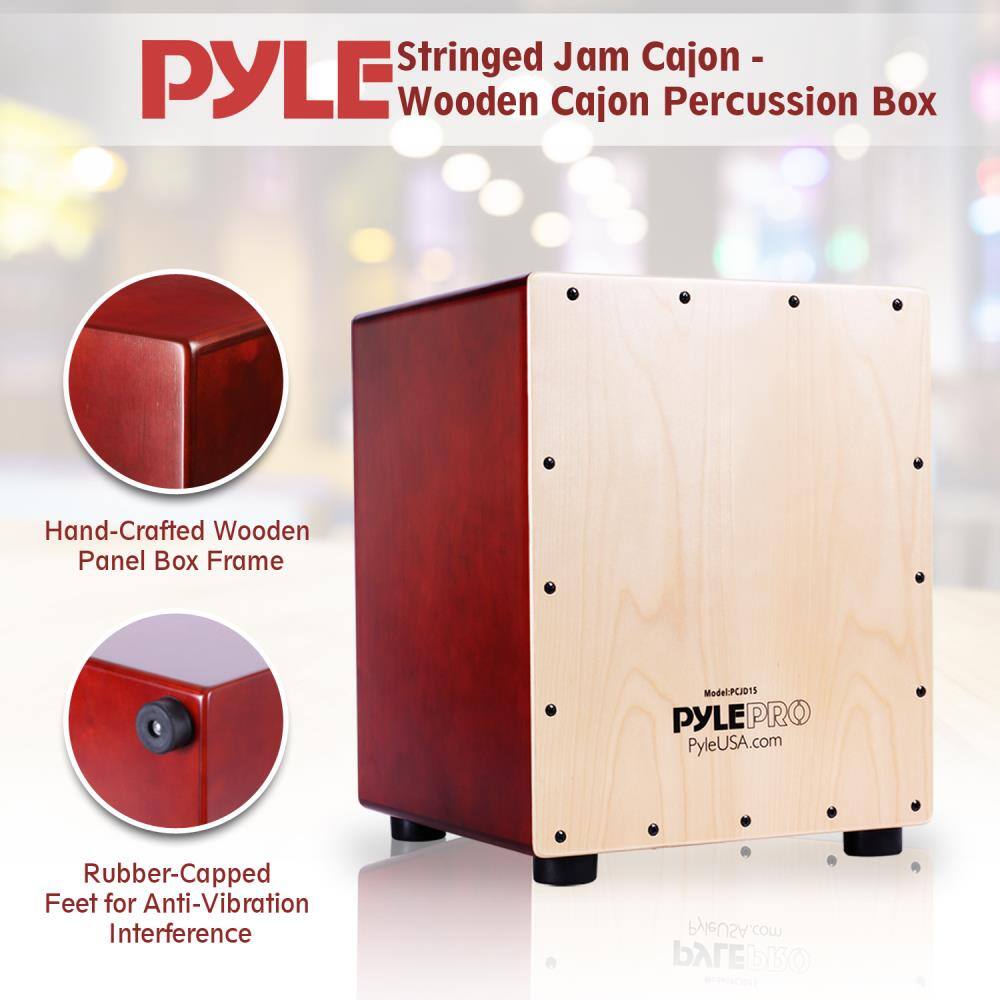 Stringed Jam Cajon - PYLE Wooden Cajon Percussion Box Hand-Crafted Wooden Panel Box Frame Model: PCJ01S PYLEPRO PyleUSA.com Rubber-Capped Feet for Anti-Vibration Interference PyleUSA.com