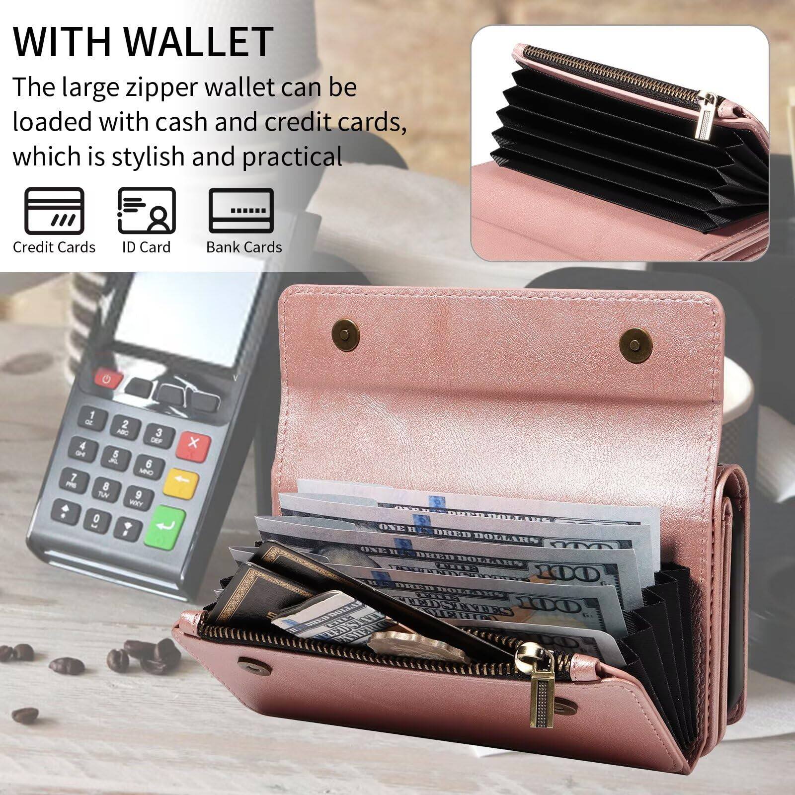 WITH WALLET

The large zipper wallet can be loaded with cash and credit cards, which is stylish and practical.

Credit Cards  
ID Card  
Bank Cards