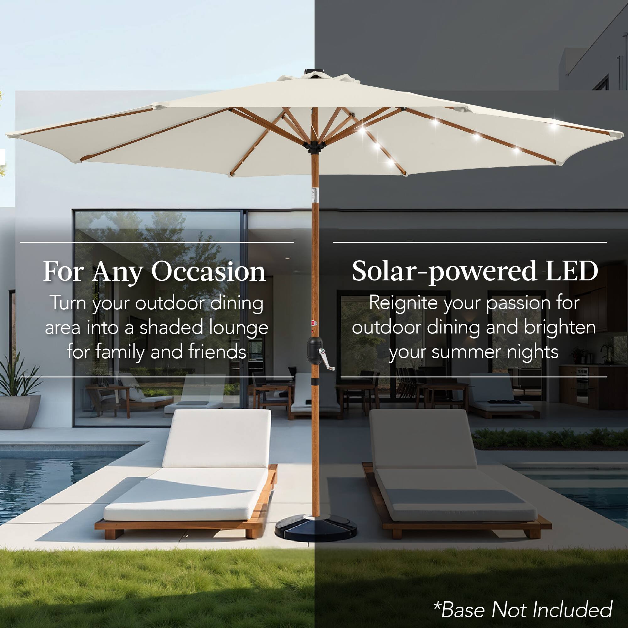 For Any Occasion: Turn your outdoor dining area into a shaded lounge for family and friends. Solar-powered LED: Reignite your passion for outdoor dining and brighten your summer nights. *Base Not Included.