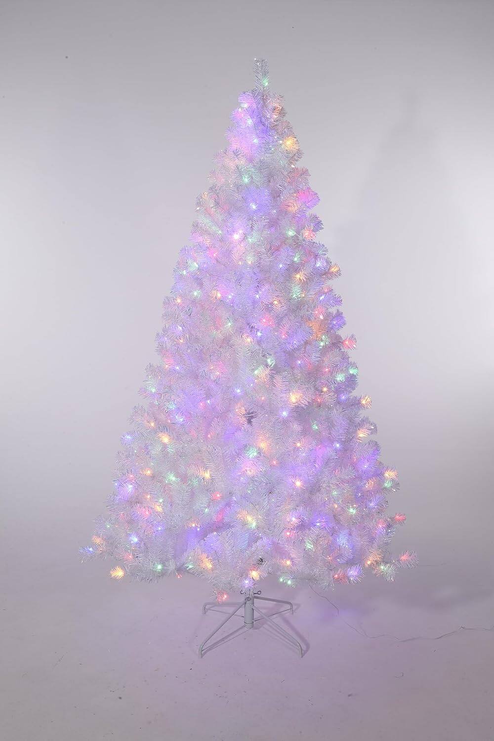 Front. Qeetex - White 6ft Prelit Artificial Christmas Tree with Warm White Lights & Metal Stand, Fake Pine Holiday Decoration - Laser White.