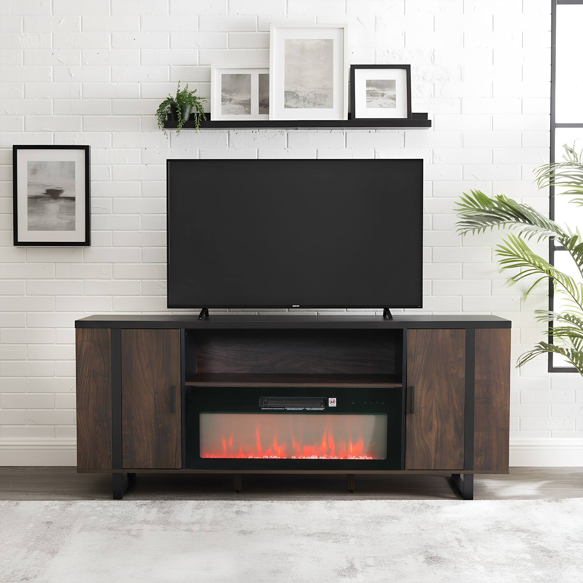 Angle. Parrot Uncle - 72" Farmhouse TV Stand with Electric Fireplace, Open Storage Shelves and Cabinets for TV up to 80" - Brown.