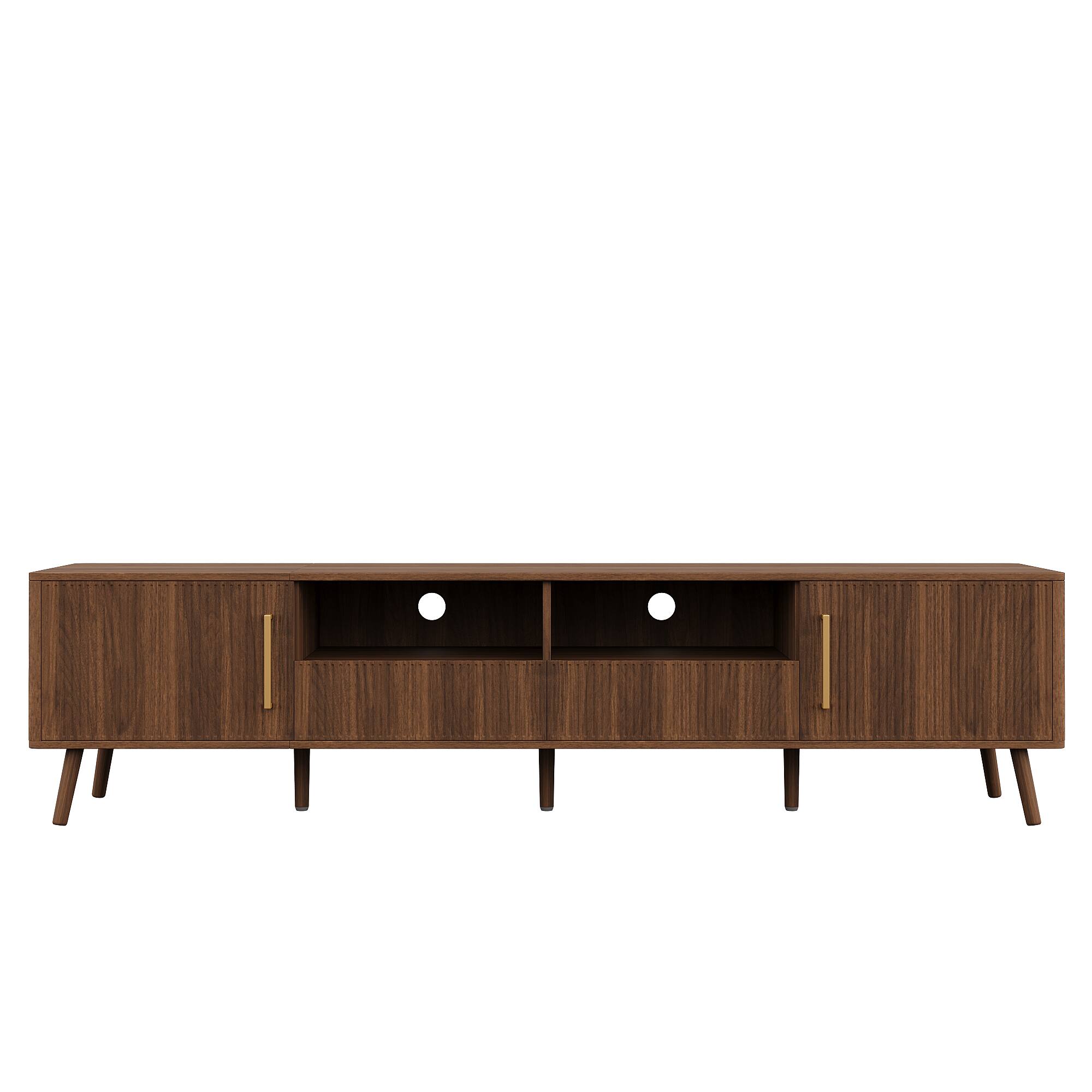 Alt View 5. MERAVOM - Mid-Century Modern TV Stand for TVs Up to 85", Entertainment Center with 2 Storage Cabinets, 2 Drawers & 2 Open Shelves - Walnut.