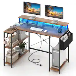Ecooso - L-Shaped Gaming Desk with LED Lights and Power Outlets, Corner Computer Workstation - Rustic Brown + Black