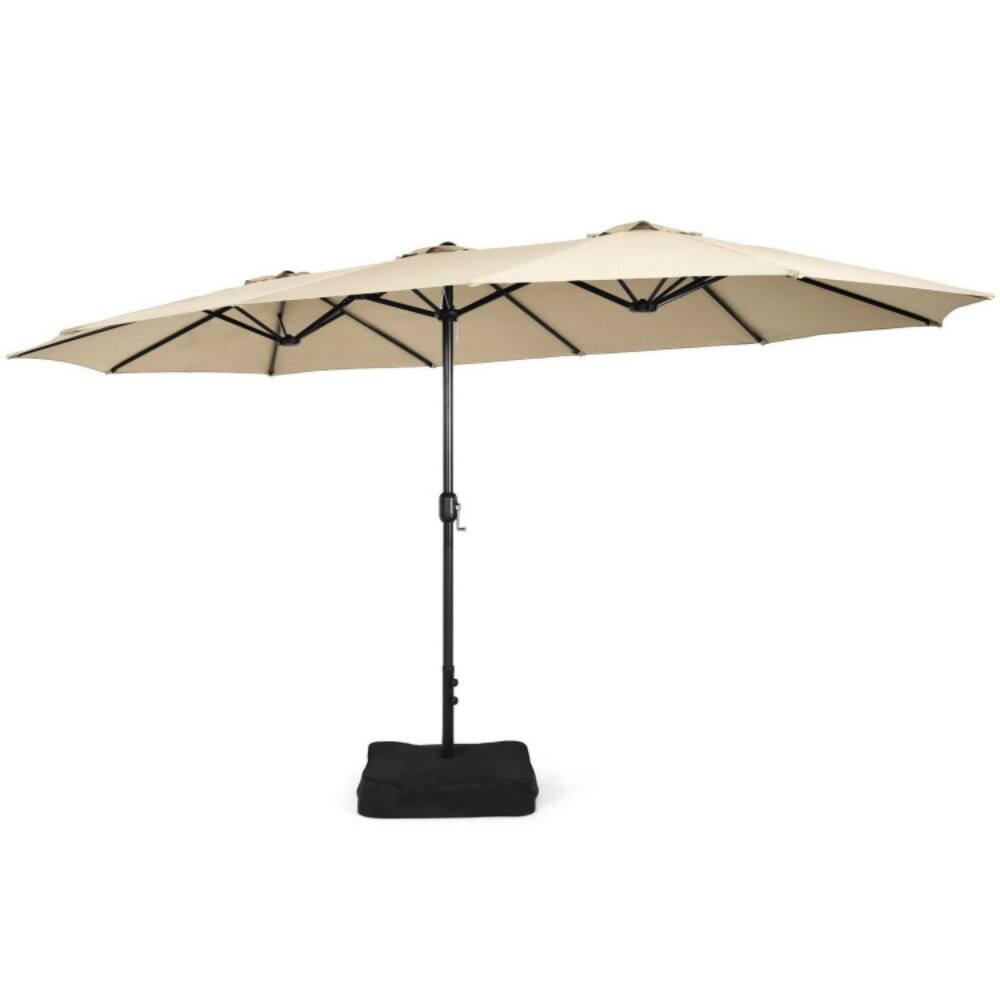 Left. Mondawe - 15 Feet Double-Sided Twin Patio Umbrella with Crank and Base - Beige.