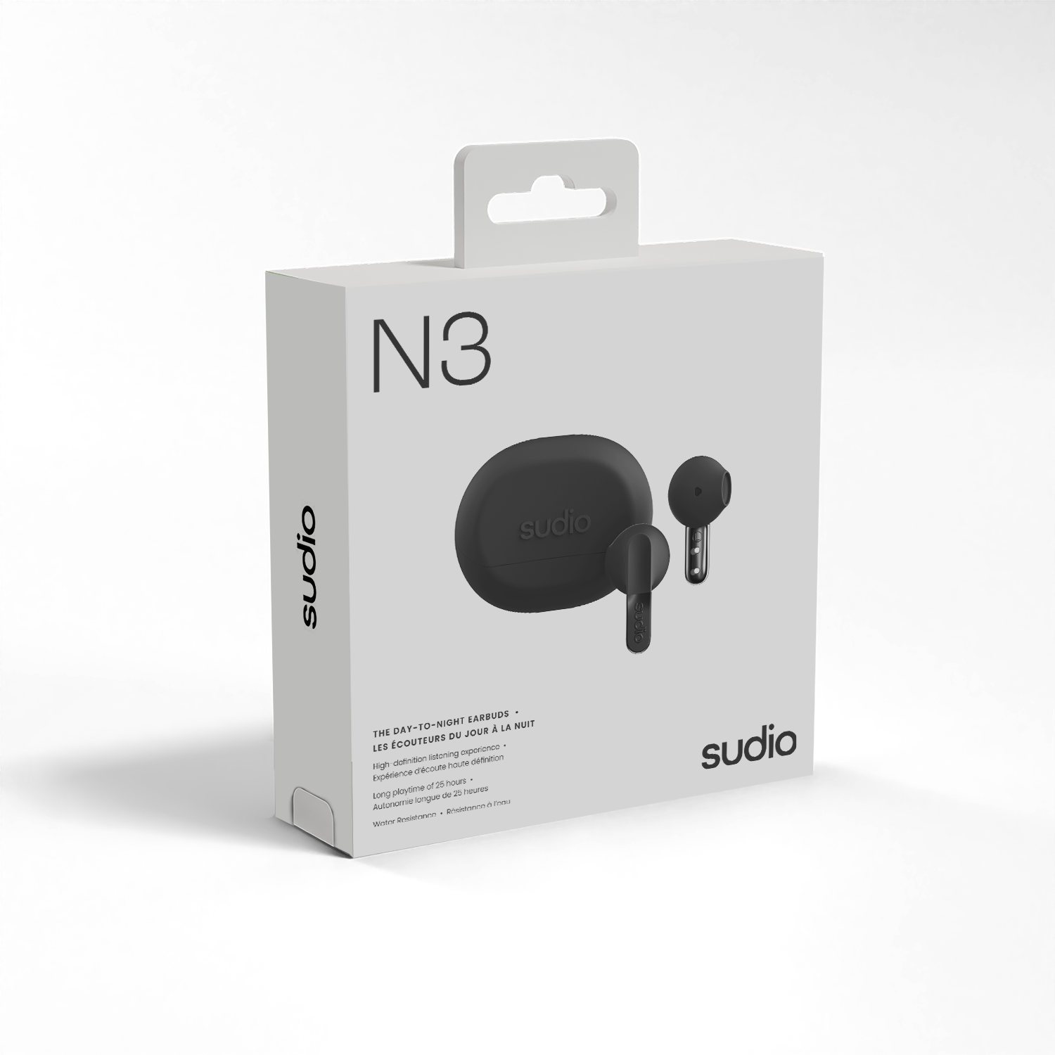 N3  
sudio  

THE DAY-TO-NIGHT EARBUDS  
LES ÉCOUTEURS DU JOUR À LA NUIT  

High-fidelity listening experience  
Explore up to 25 hours of music  
Long battery life of 25 hours  
Water and sweat resistant  

sudio