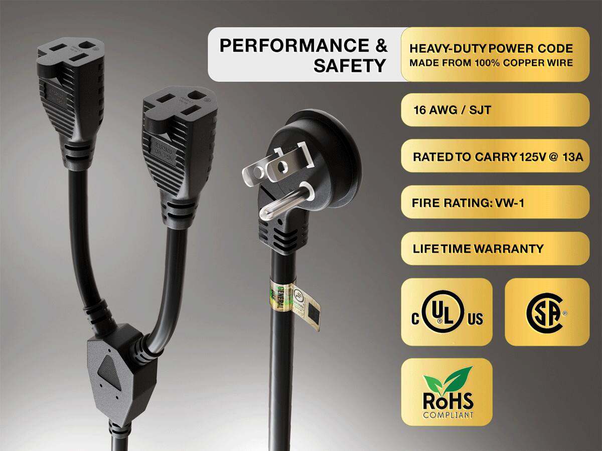 PERFORMANCE & SAFETY

HEAVY-DUTY POWER CODE MADE FROM 100% COPPER WIRE

16 AWG / SJT

RATED TO CARRY 125V @ 13A

FIRE RATING: VW-1

LIFE TIME WARRANTY

UL
US
SP
ROHS COMPLIANT