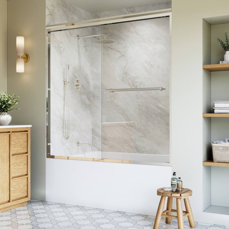 Left. WELLFOR - 56-60 in. W x 60 in. H Framed Sliding Shower Door with 1/4 in. Clear Tempered Safety Glass,Reversible - Chrome.