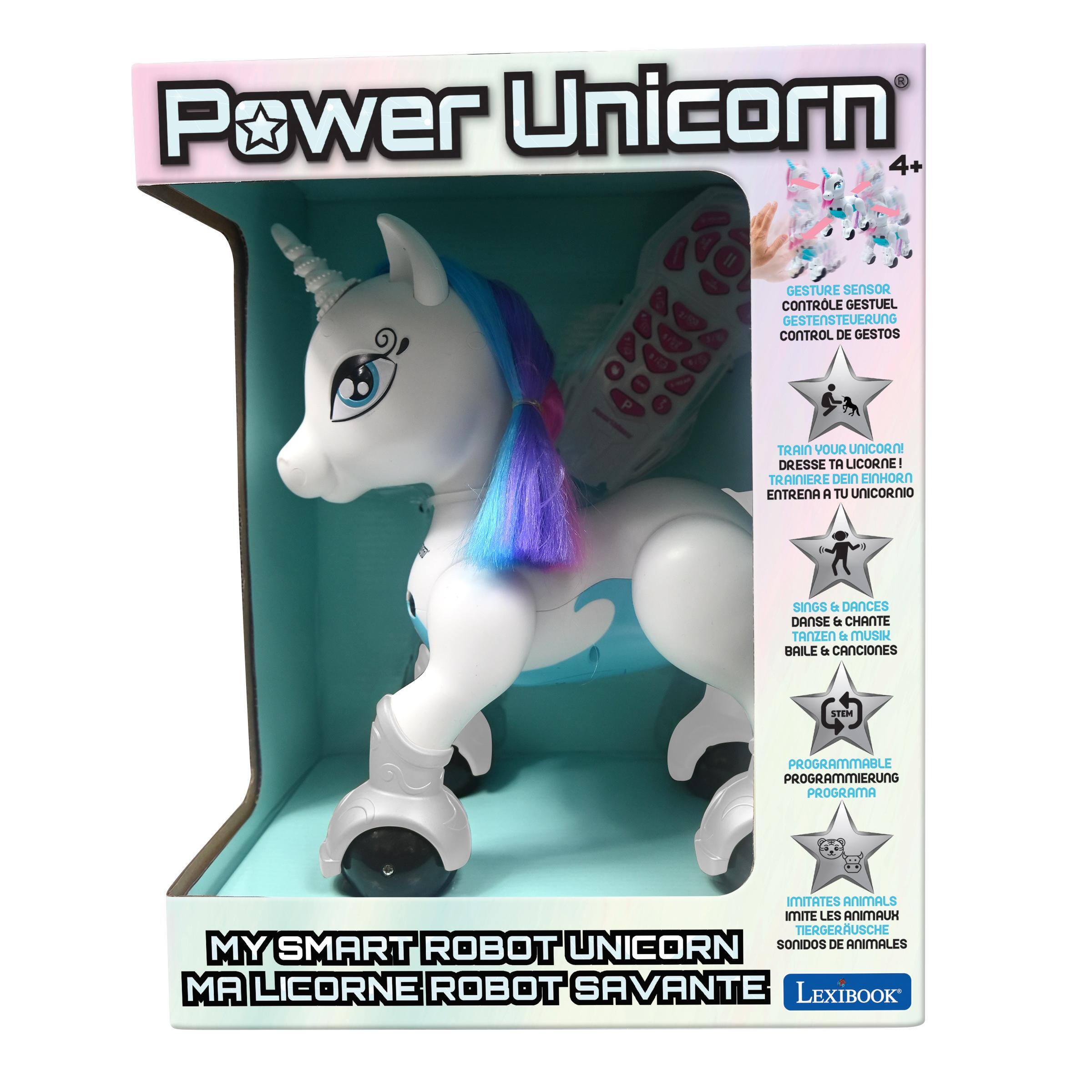 Power Unicorn 4+  
GESTURE SENSOR  
CONTRÔLE GESTUEL  
GESTENSTEUERUNG  
CONTROL DE GESTOS  

P 5 TRAIN VOUR UNICORN  
DRESSE TA LICORNE  
ENTRENA A TU UNICORNIO  

SINGS & DANCES  
DANSE & CHANTE  
TANZEN & TANZEN  
BAILE & CANCIONES  

PROGRAMMABLE  
PROGRAMMIERUNG  
PROGRAMA  

IMITATES ANIMALS  
IMITE LES ANIMAUX  
TIERGERÄUSCHE  
SONIDOS DE ANIMALES  

MY SMART ROBOT UNICORN  
MA LICORNE ROBOT SAVANTE  

Lexibook