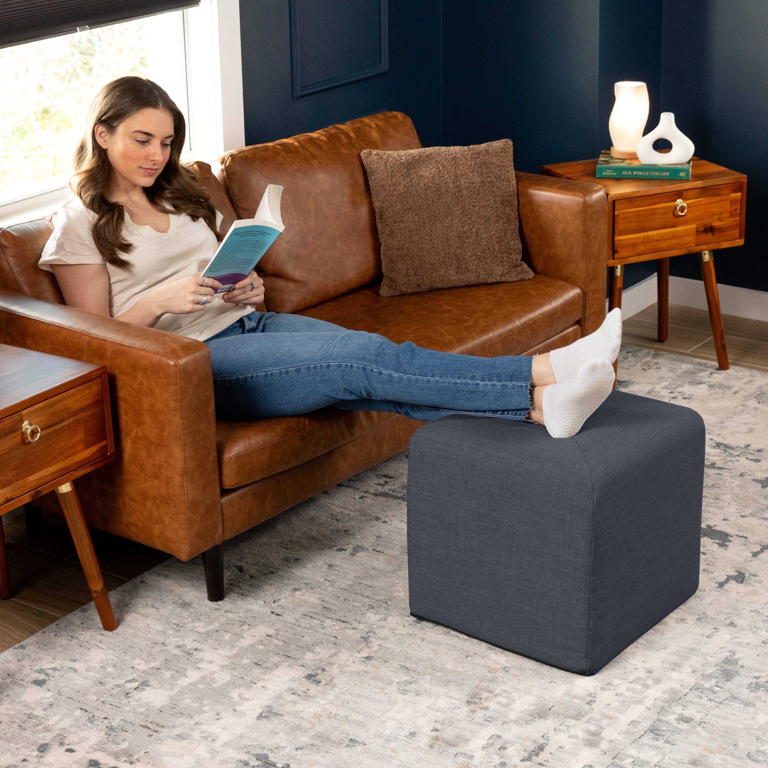 Left. Jaxx - Jaxx Monroe Square Foam Ottoman with Stain Resistant Performance Fabric, Small (18 x 18), Blue Denim - Blue Denim.