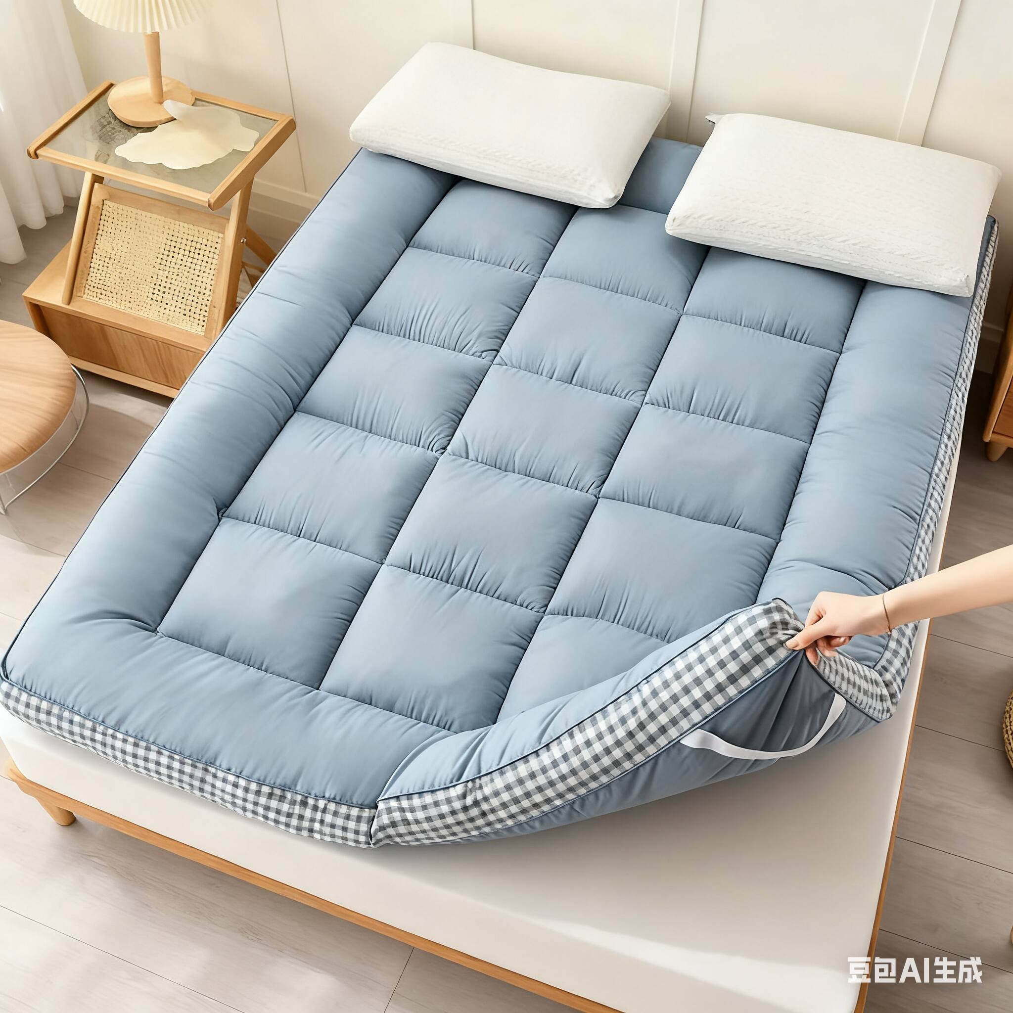 Front. Shatex - 3D Quilted King Mattress topper with Thickened, Soft Filler, Skin-Friendly and Breathable for All Seasons - Blue.