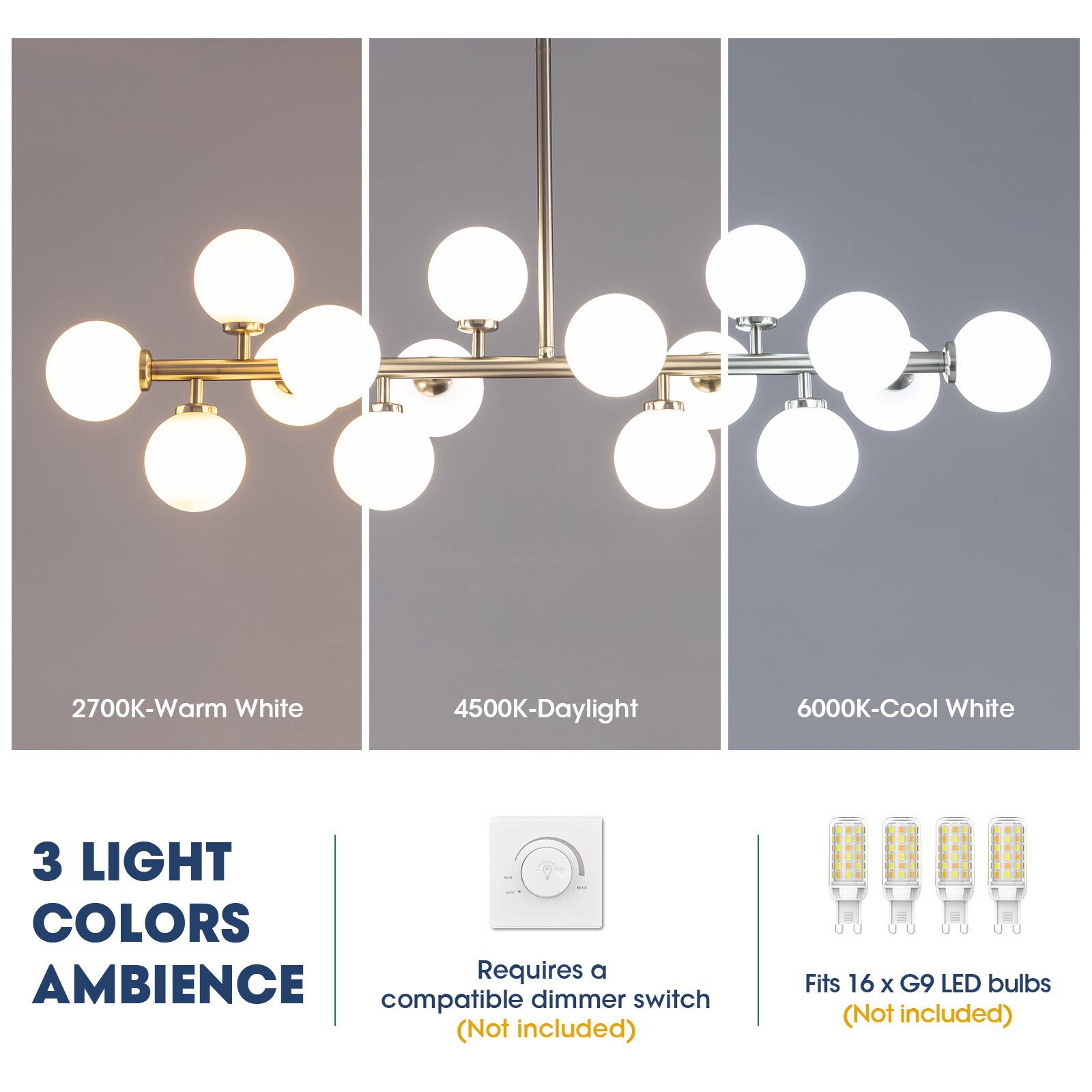 2700K-Warm White  
4500K-Daylight  
6000K-Cool White  

3 LIGHT COLORS  

Requires a AMBIENCE compatible dimmer switch (Not included)  

Fits 16 x G9 LED bulbs (Not included)
