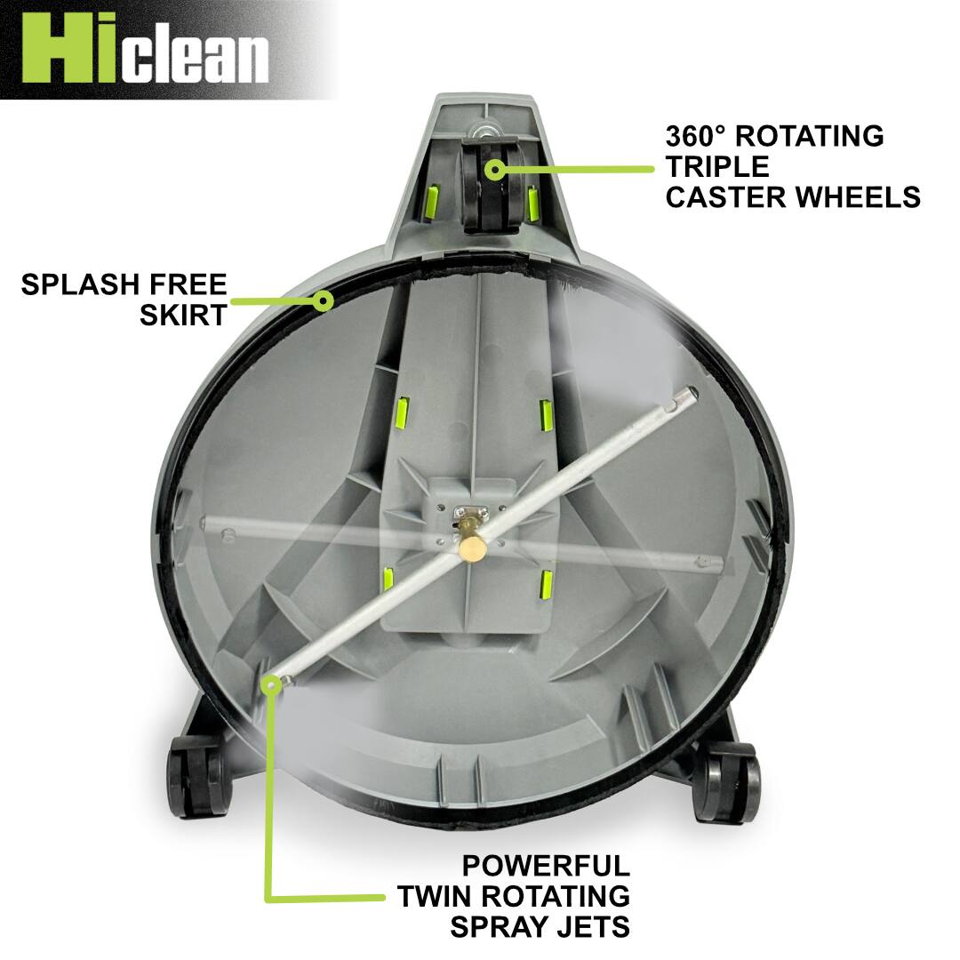 Hiclean

- 360° ROTATING TRIPLE CASTER WHEELS
- SPLASH FREE SKIRT
- POWERFUL TWIN ROTATING SPRAY JETS