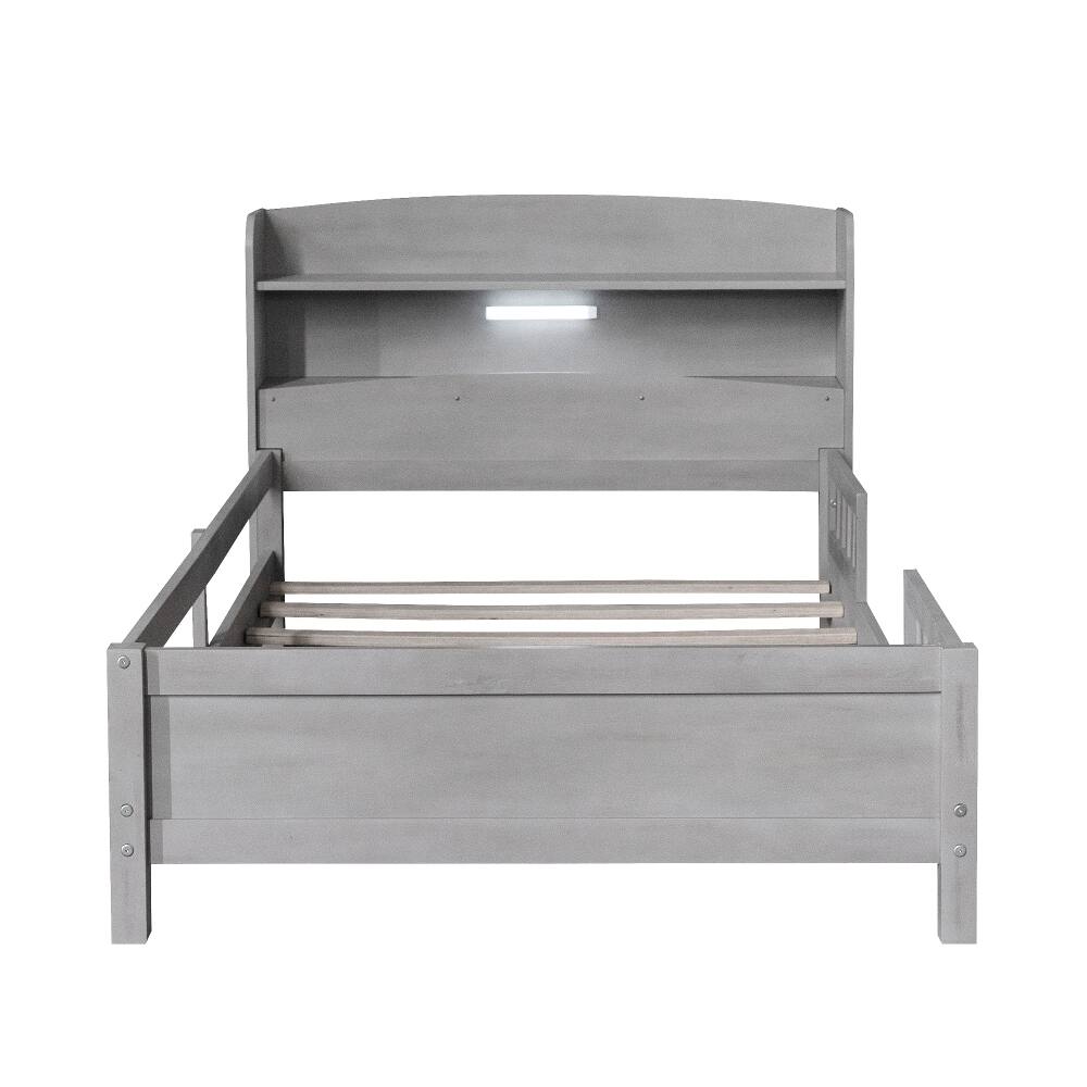 Alt View 4. Loheer - Loheer Twin Platform Bed with LED Light Storage Headboard Antique Grey Wood Frame - Antique Grey.