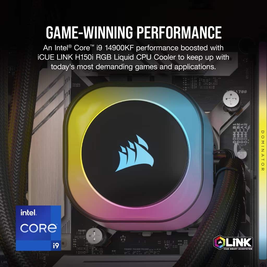GAME-WINNING PERFORMANCE An Intel Core i9 14900KF performance boosted with iCUE LINK H150i RGB Liquid CPU Cooler to keep up with today's most demanding games and applications.