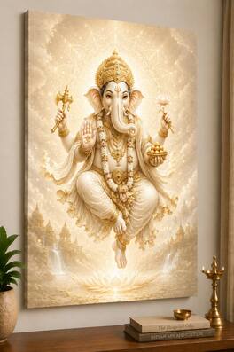 FC Design - Large Ivory Lotus Ganesha Canvas Print 24x36" Elegant Neutral Spiritual Art Painting Home Wall Decor - MultiColor
