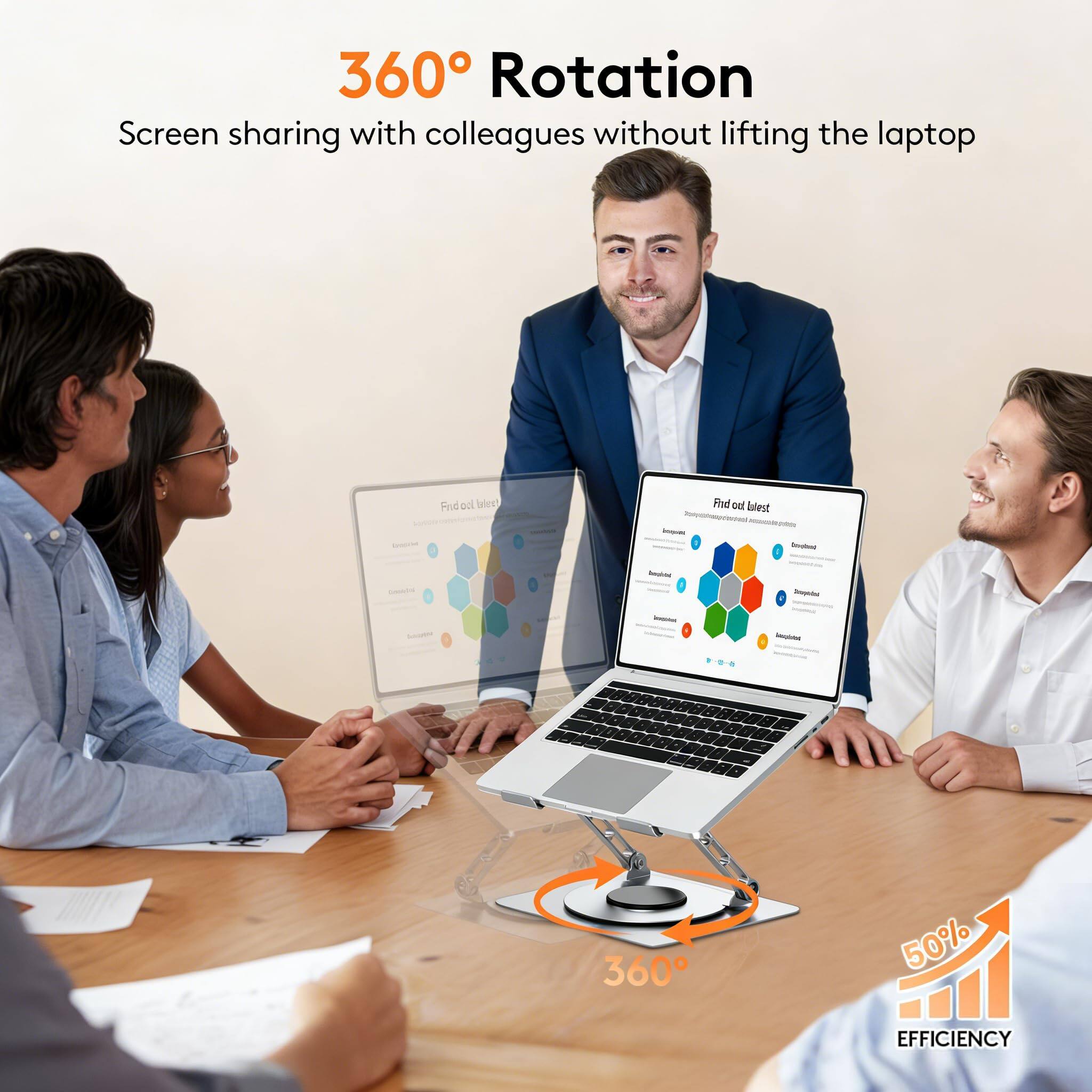 360° Rotation  
Screen sharing with colleagues without lifting the laptop  

50% EFFICIENCY