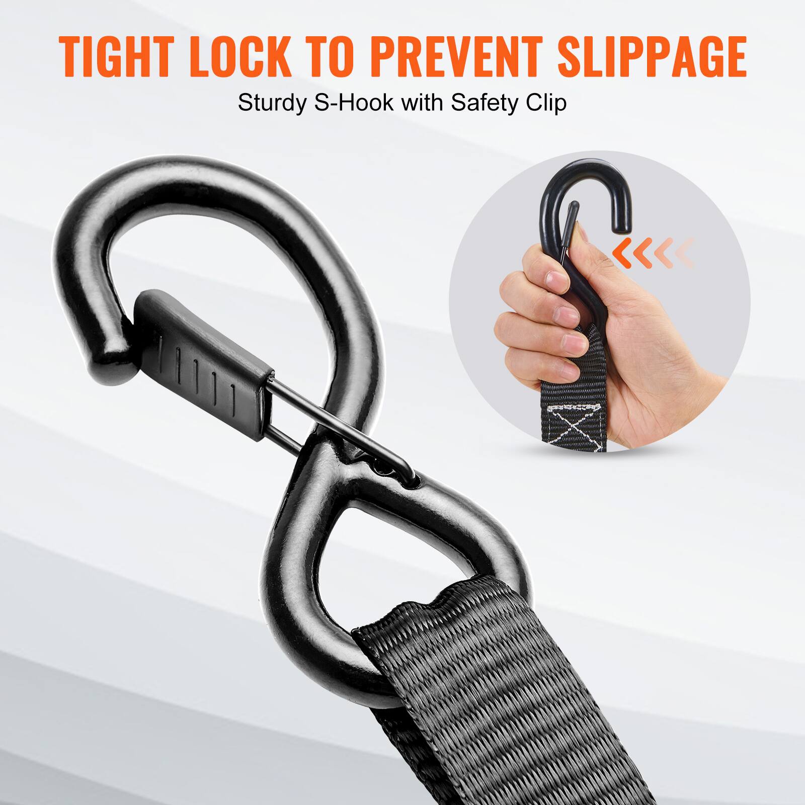 TIGHT LOCK TO PREVENT SLIPPAGE  
Sturdy S-Hook with Safety Clip