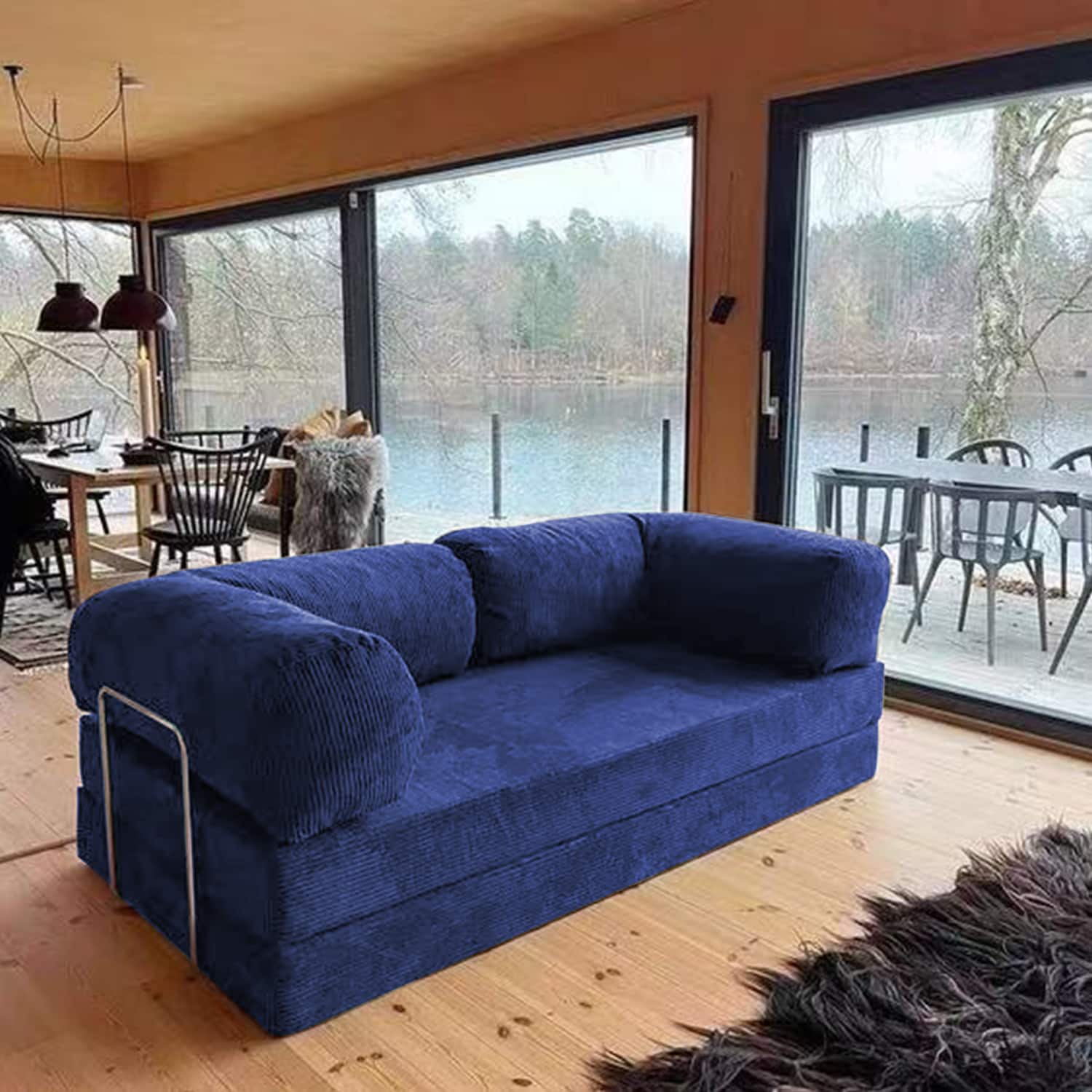 Front. KERDOM - 62'' Wide Corduroy Sleeper Sofa Bed, Convertible Loveseat Sofa With Pull-out Bed, Foldable Spliced Block Lounge Couch - Navy Blue.