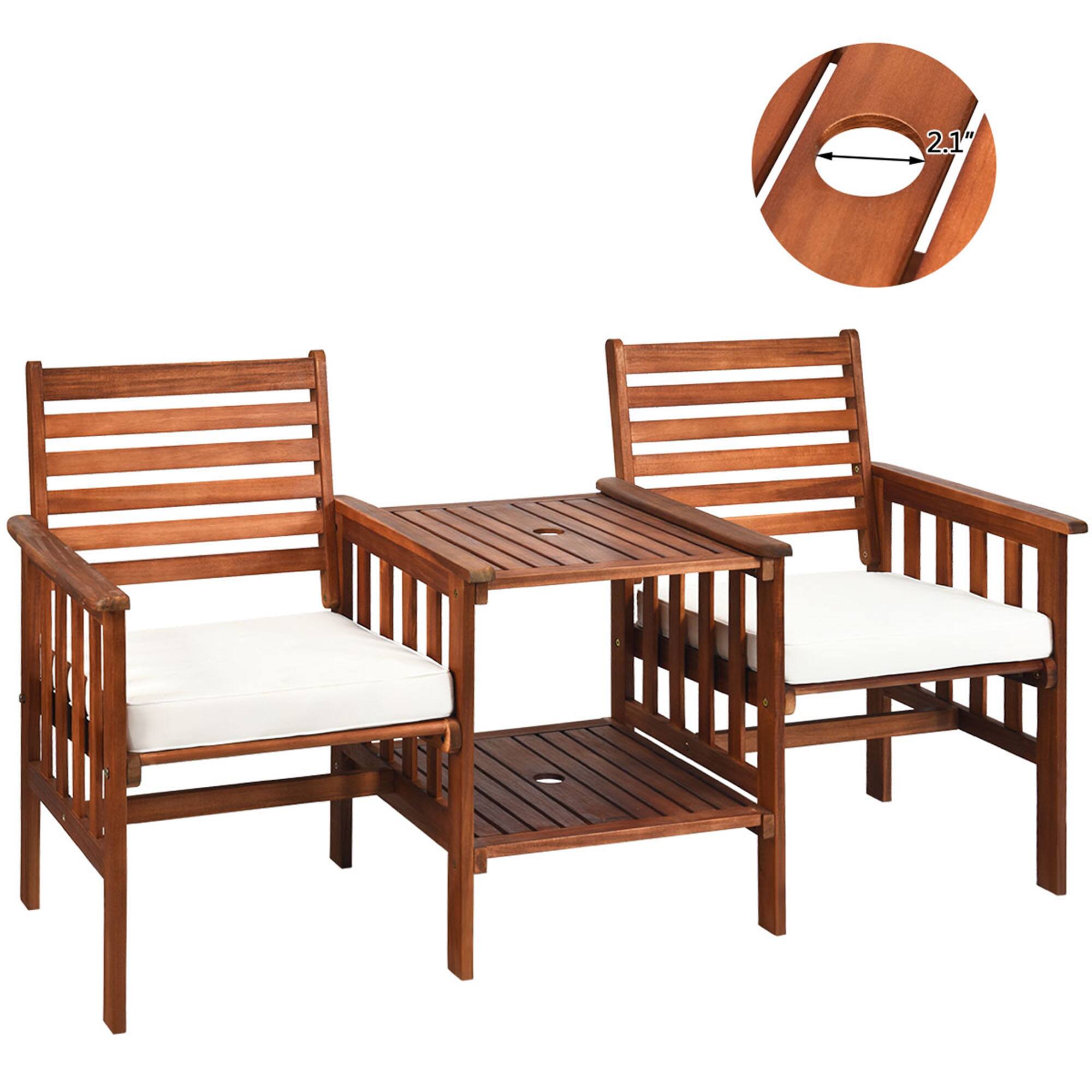 Alt View 3. Gymax - Gymax Acacia Wood Loveseat Patio Outdoor Conversation Set w/ Table White Cushion - White+Brown.