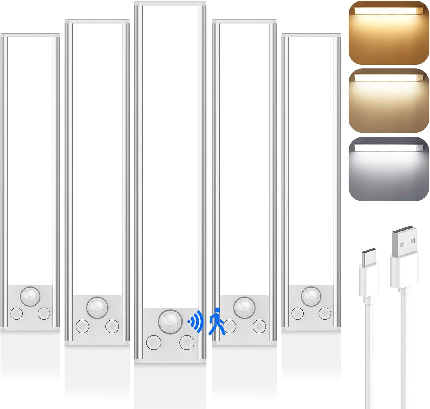 Front. Nordic Hygge - 5-Pack Under Cabinet Lighting, 68LED 2000mAh Rechargeable Battery Operated Motion Sensor Light Indoor - White.