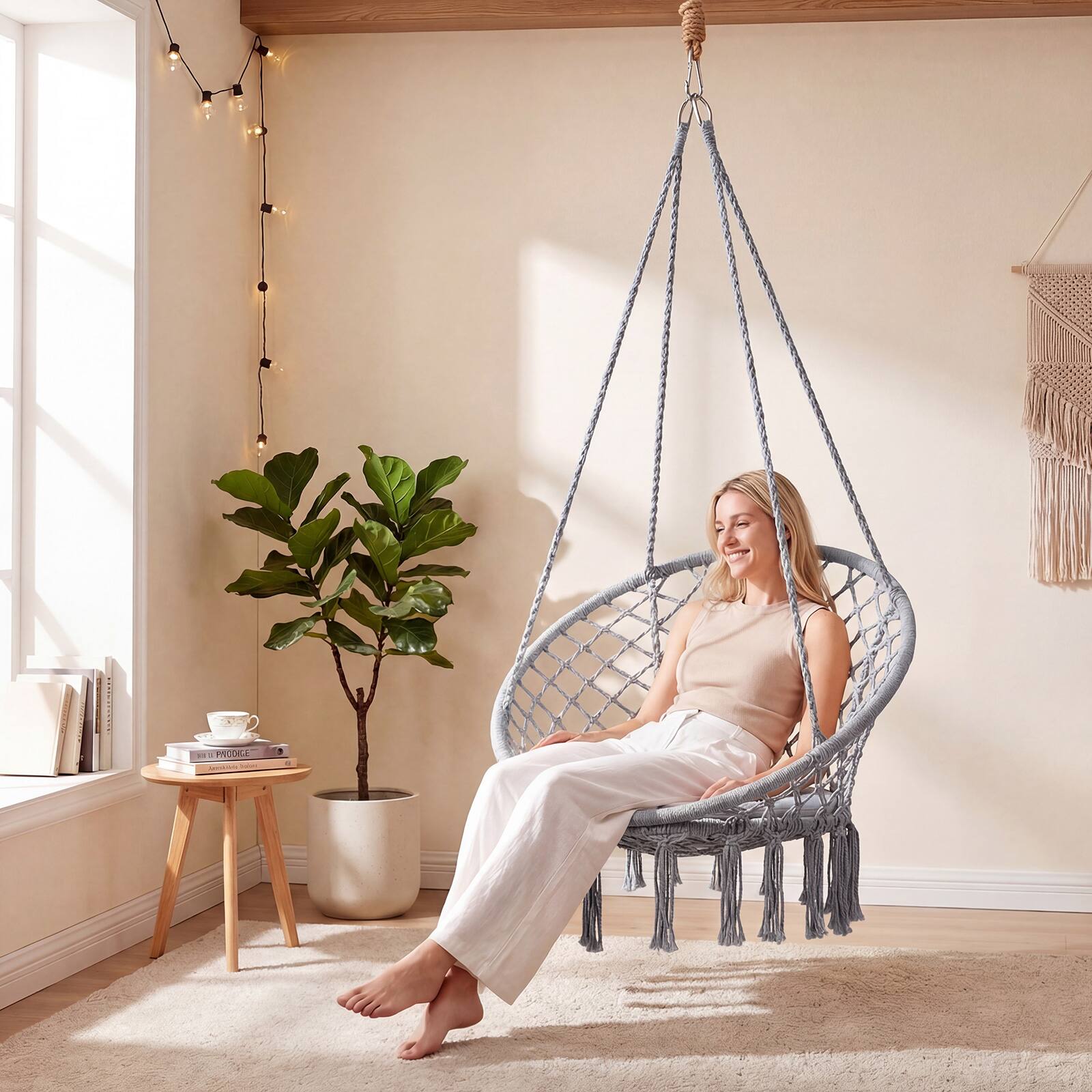 Alt View 2. Costway - Costway Swing Chair, Hammock Chair with Round Seat Cushion, Indoor & Outdoor Boho Chair - Gray.