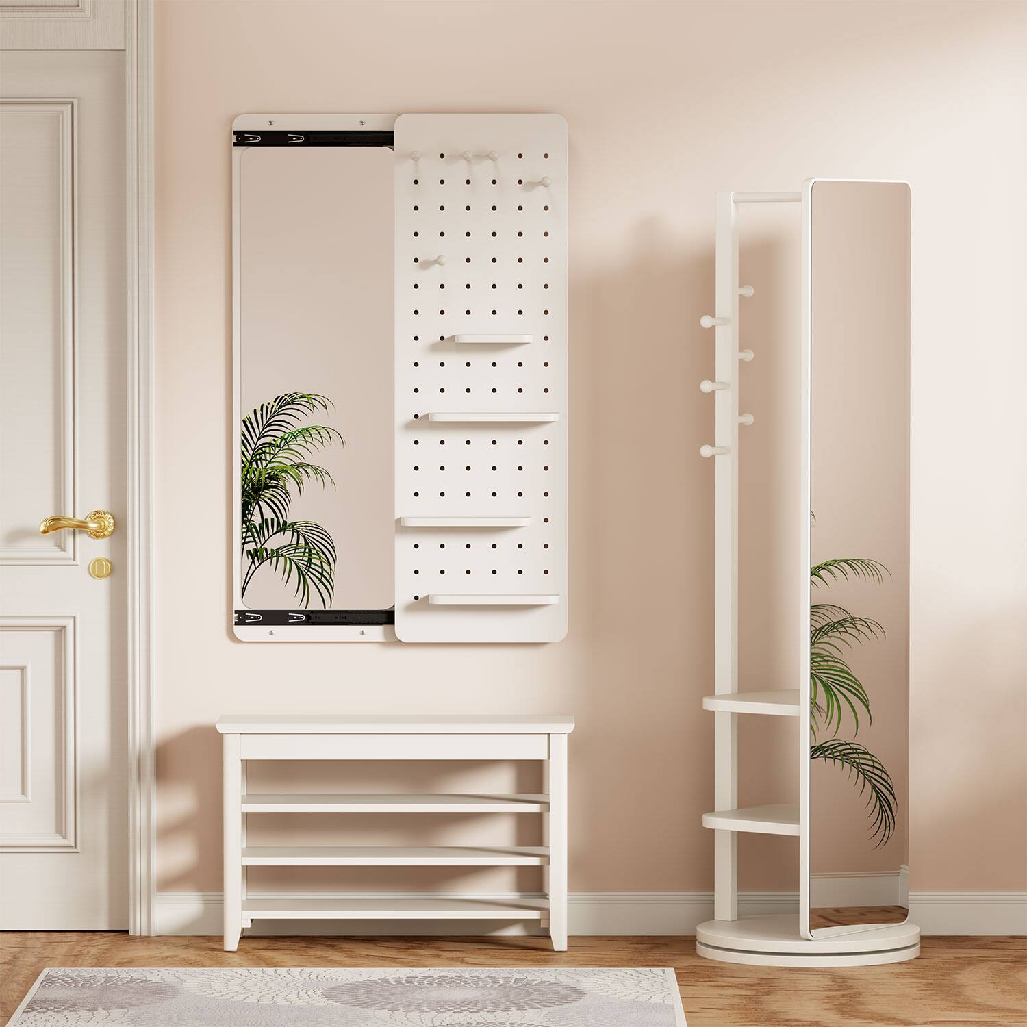 Angle. MERAVOM - Full Length Mirror with Shelf and Hooks, Wall Mirror with Shelf, Wall Mirror with Storage for Entryway, Living Room - White.