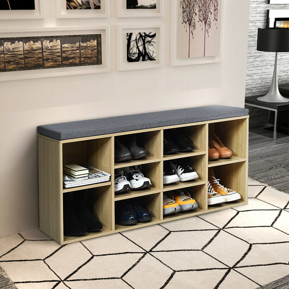 Alt View 11. Costway - Entryway Padded Shoe Storage Bench 10-Cube Organizer Bench Adjustable Natural - Natural.