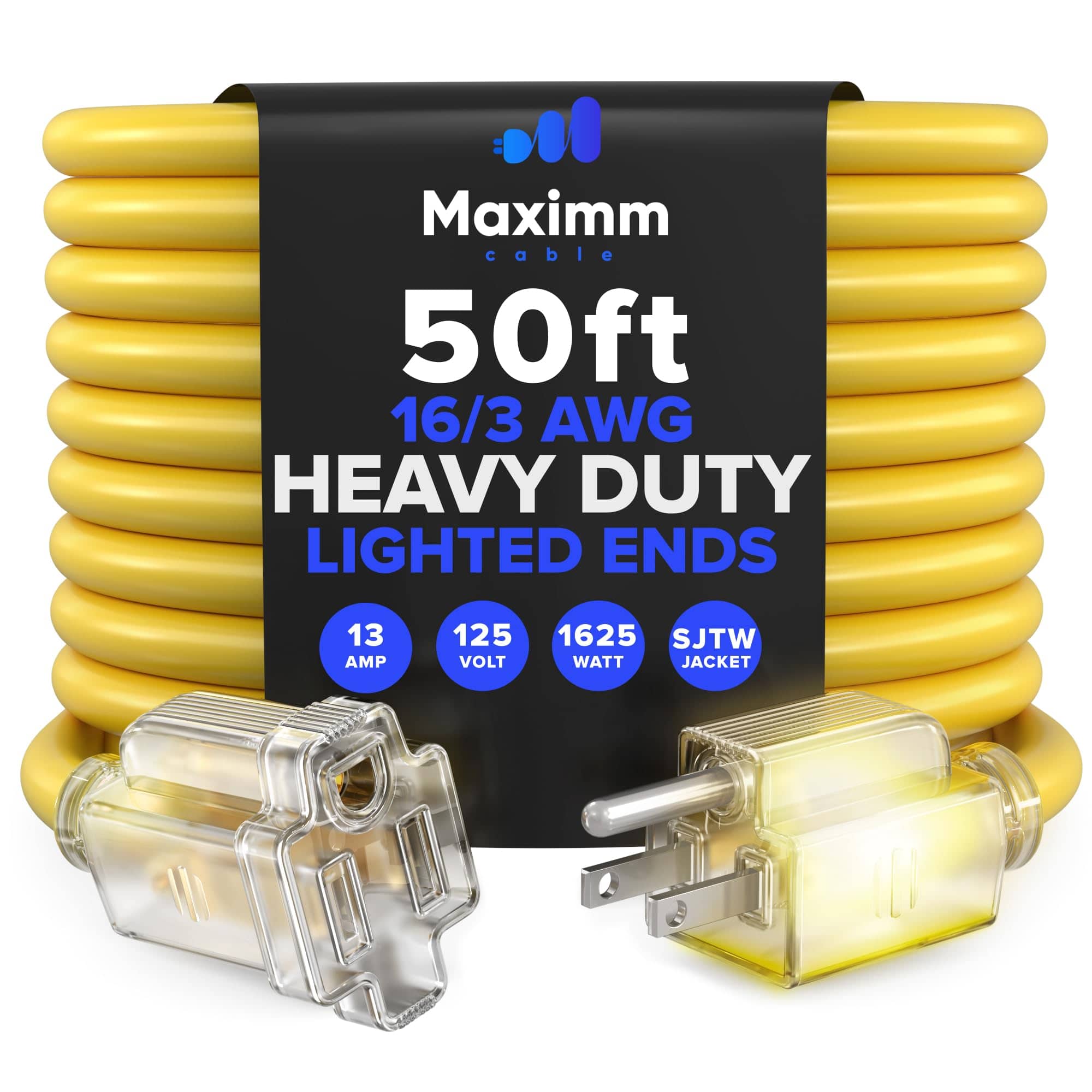 Maximm - 50 Ft Extension Cord – 16 AWG, 3-Prong Grounded, Lighted End, Heavy Duty Indoor/Outdoor Power Cable, ETL Listed - Yellow