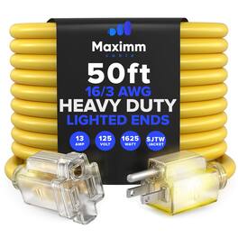 Maximm - 50 Ft Extension Cord – 16 AWG, 3-Prong Grounded, Lighted End, Heavy Duty Indoor/Outdoor Power Cable, ETL Listed - Yellow