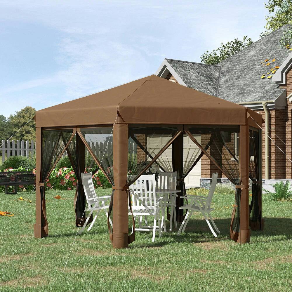 Angle. Spaco - Spaco 13' x 11' Hexagonal Pop Up Gazebo,6 Sidewall Netting,Adjustable Height - Dark Brown.