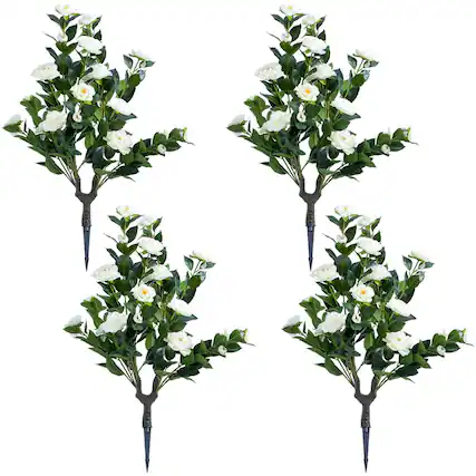 Front. Acekool - White 4 pcs Artificial Topiary Ball Trees with Metal Stakes with Camellia Flowers.