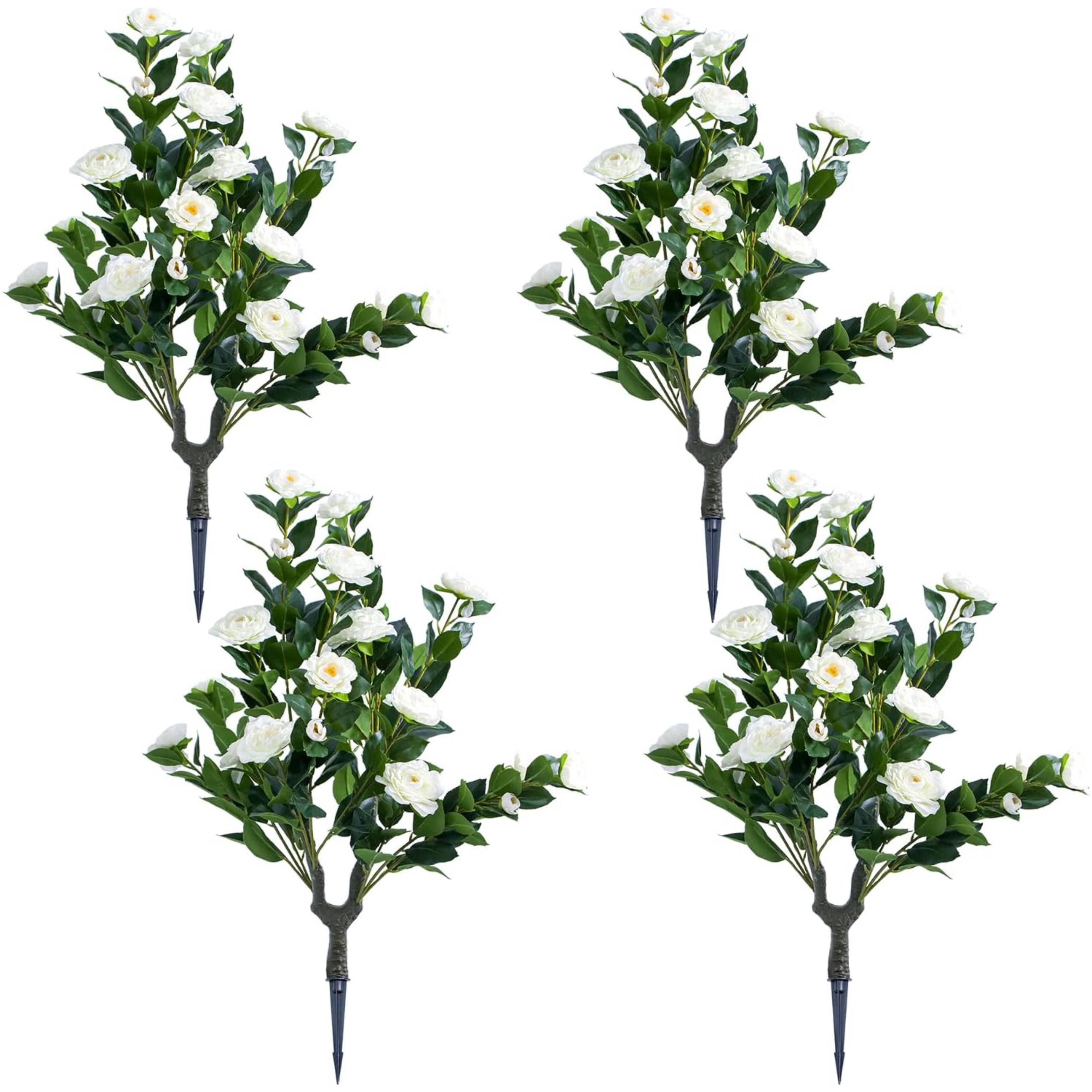 Front. Acekool - White 4 pcs Artificial Topiary Ball Trees with Metal Stakes with Camellia Flowers.