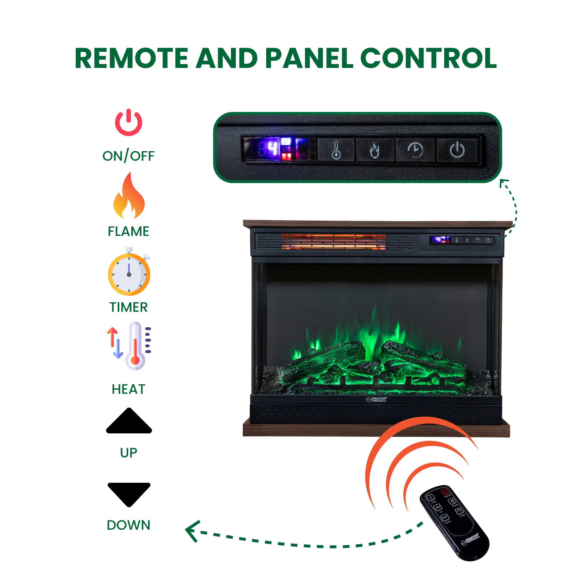REMOTE AND PANEL CONTROL

- ON/OFF
- FLAME
- TIMER
- HEAT
- UP
- DOWN