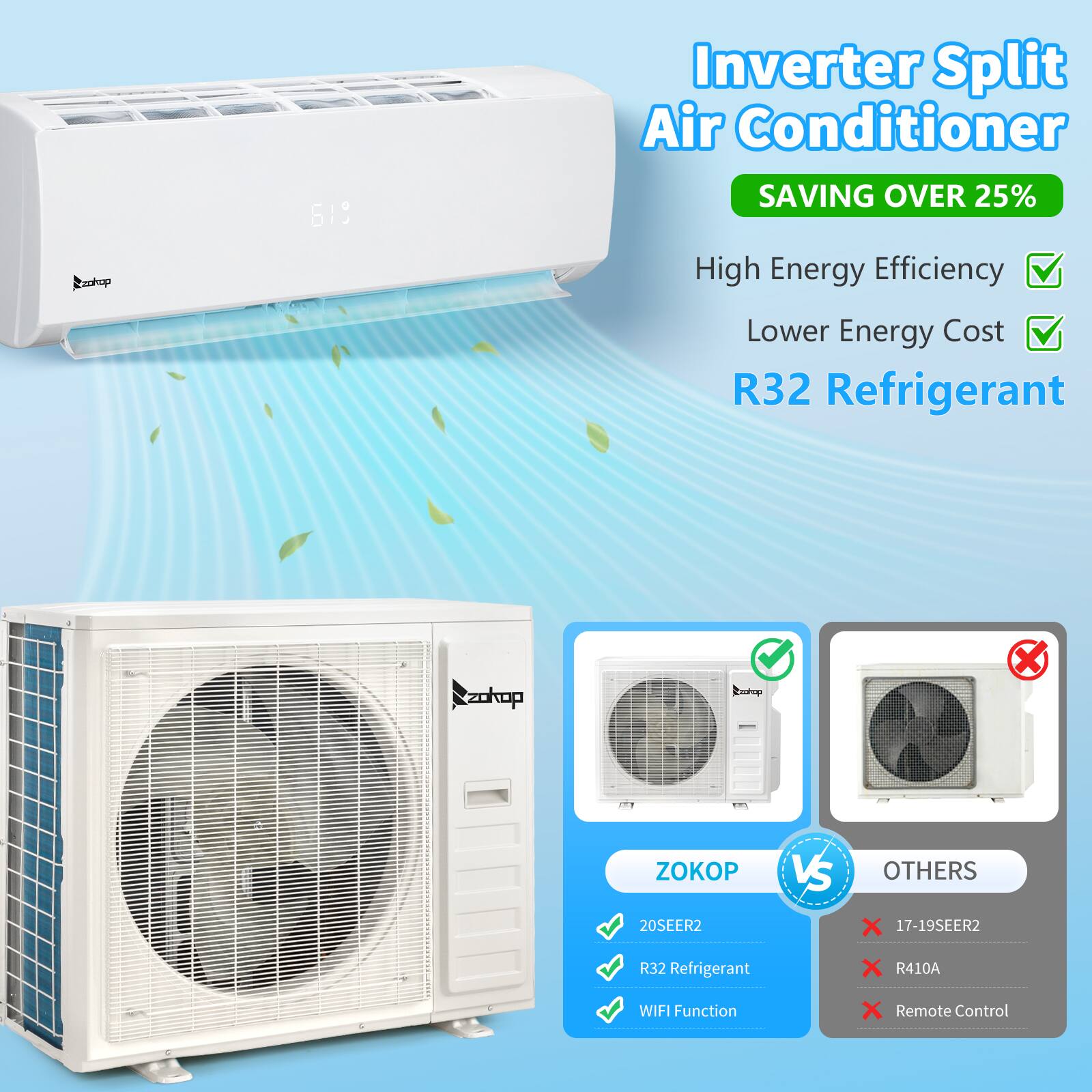Zokop 619 Inverter Split Air Conditioner  
SAVING OVER 25%  
High Energy Efficiency  
Lower Energy Cost  
R32 Refrigerant  

ZOKOP VS OTHERS  
20SEER2  
R32 Refrigerant  
WIFI Function  
Remote Control  

20SEER2  
R32 Refrigerant  
WIFI Function  

17-19SEER2  
R410A  
Remote Control