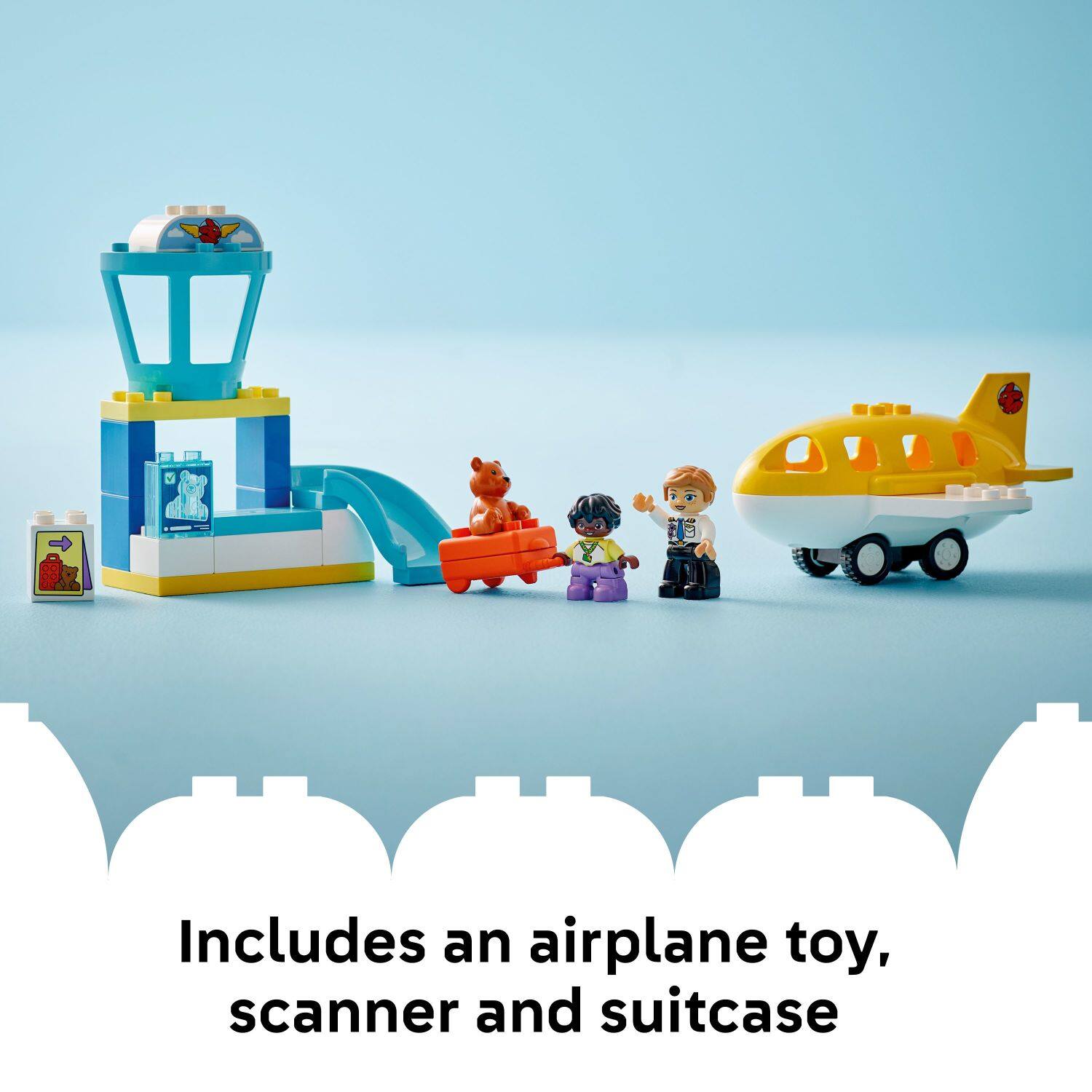 Includes an airplane toy, scanner and suitcase.