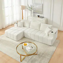 Anysun - 108" L-Shaped Compression Chenille Sectional Sofa with Left Chaise, Cup Holders & Side Pockets, No Assembly - Beige