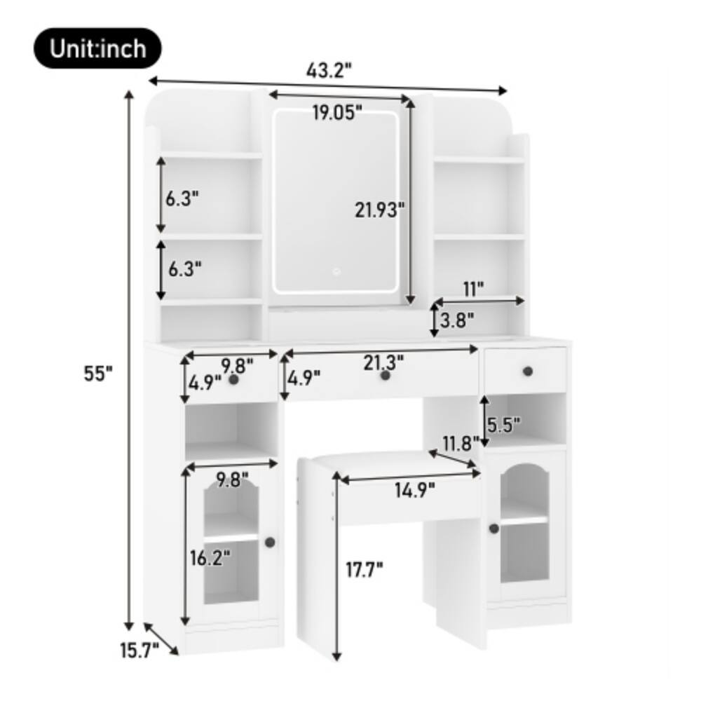 Unit: inch  
43.2"  
19.05"  
6.3"  
21.93"  
6.3"  
11"  
3.8"  
55"  
9.8"  
4.9"  
4.9"  
21.3"  
5.5"  
11.8"  
9.8"  
14.9"  
16.2"  
17.7"  
15.7"