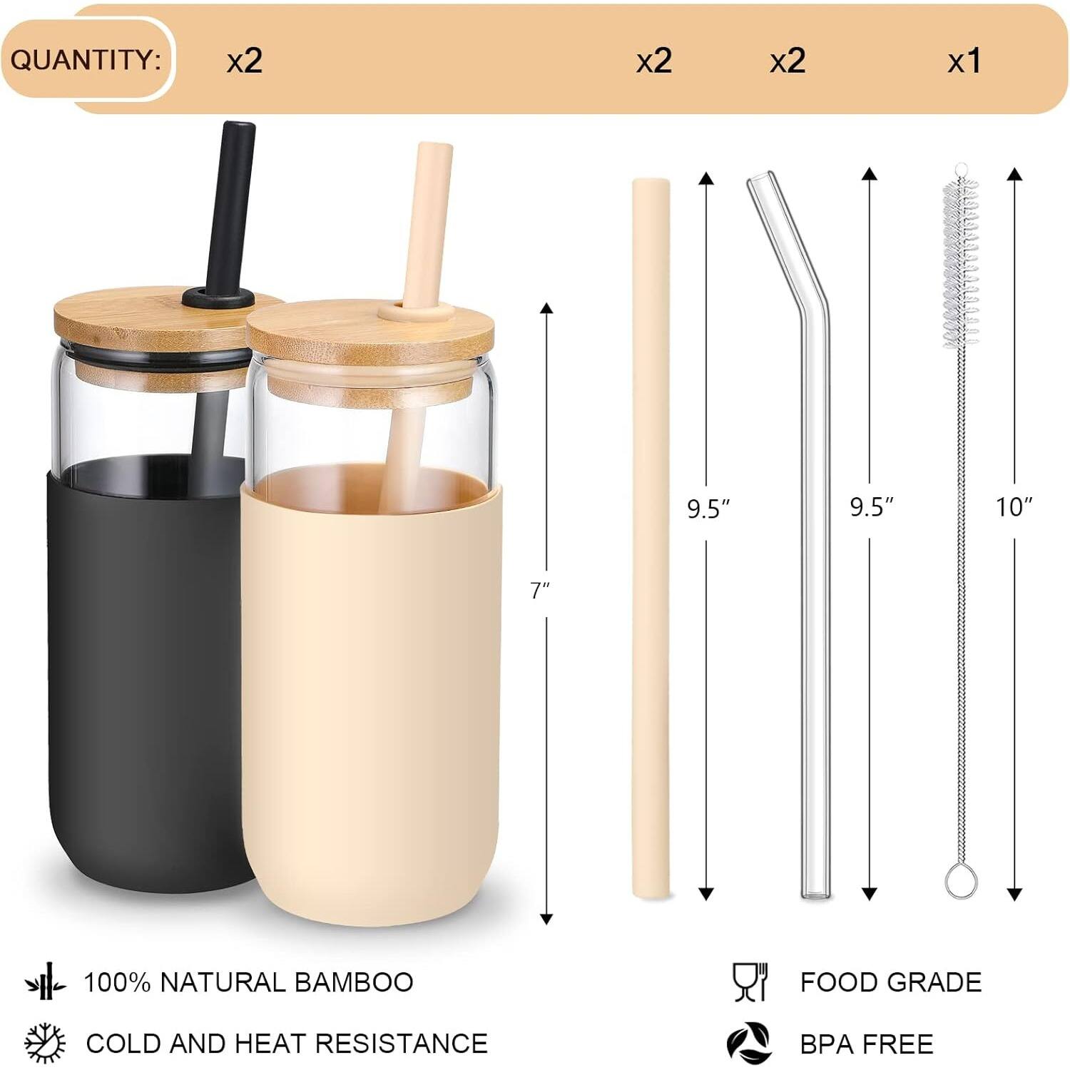 QUANTITY: x2 x2 x1  
9.5" 9.5" 10" 7"  
100% NATURAL BAMBOO FOOD GRADE COLD AND HEAT RESISTANCE BPA FREE