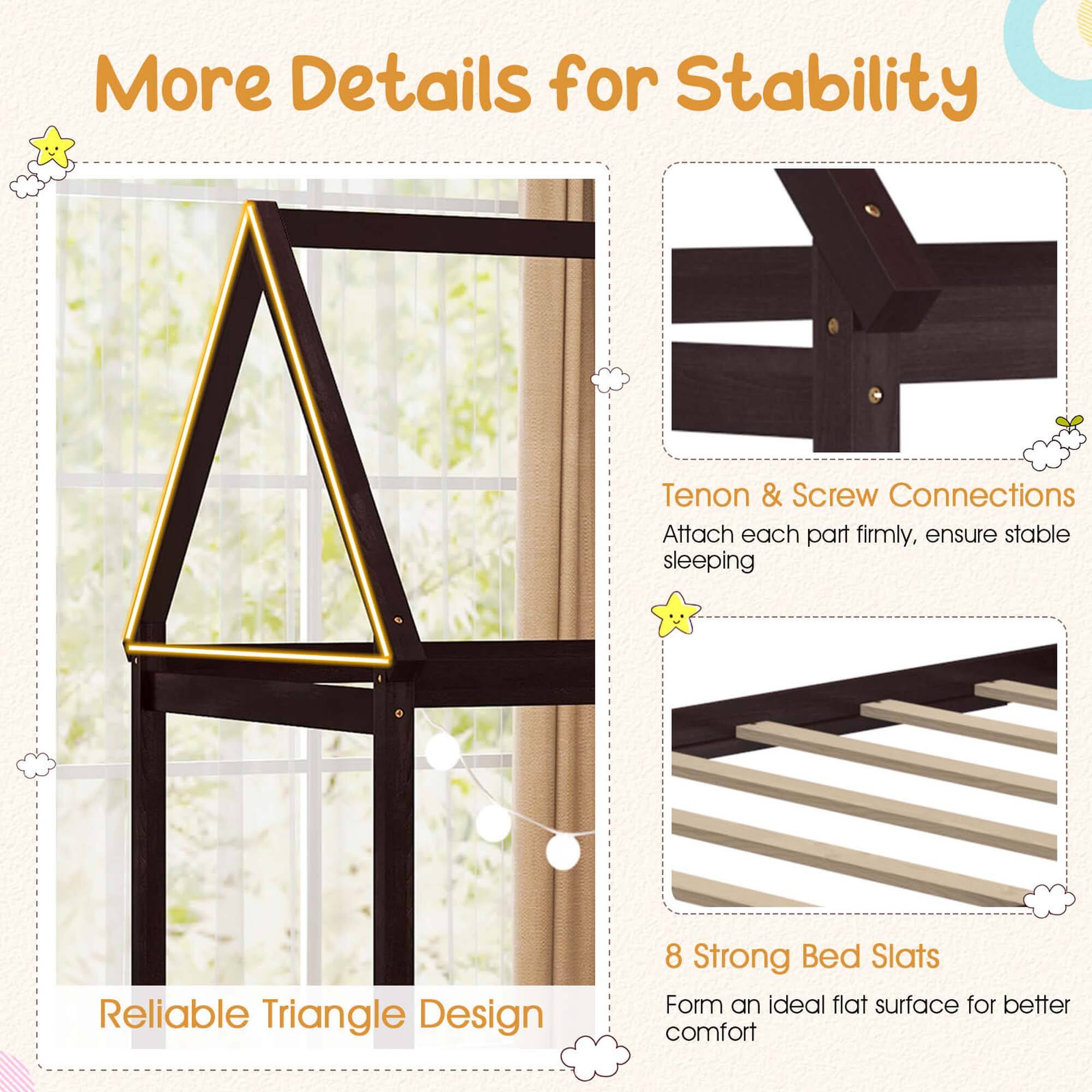 More Details for Stability

Reliable Triangle Design

Tenon & Screw Connections
Attach each part firmly, ensure stable sleeping

8 Strong Bed Slats
Form an ideal flat surface for better comfort