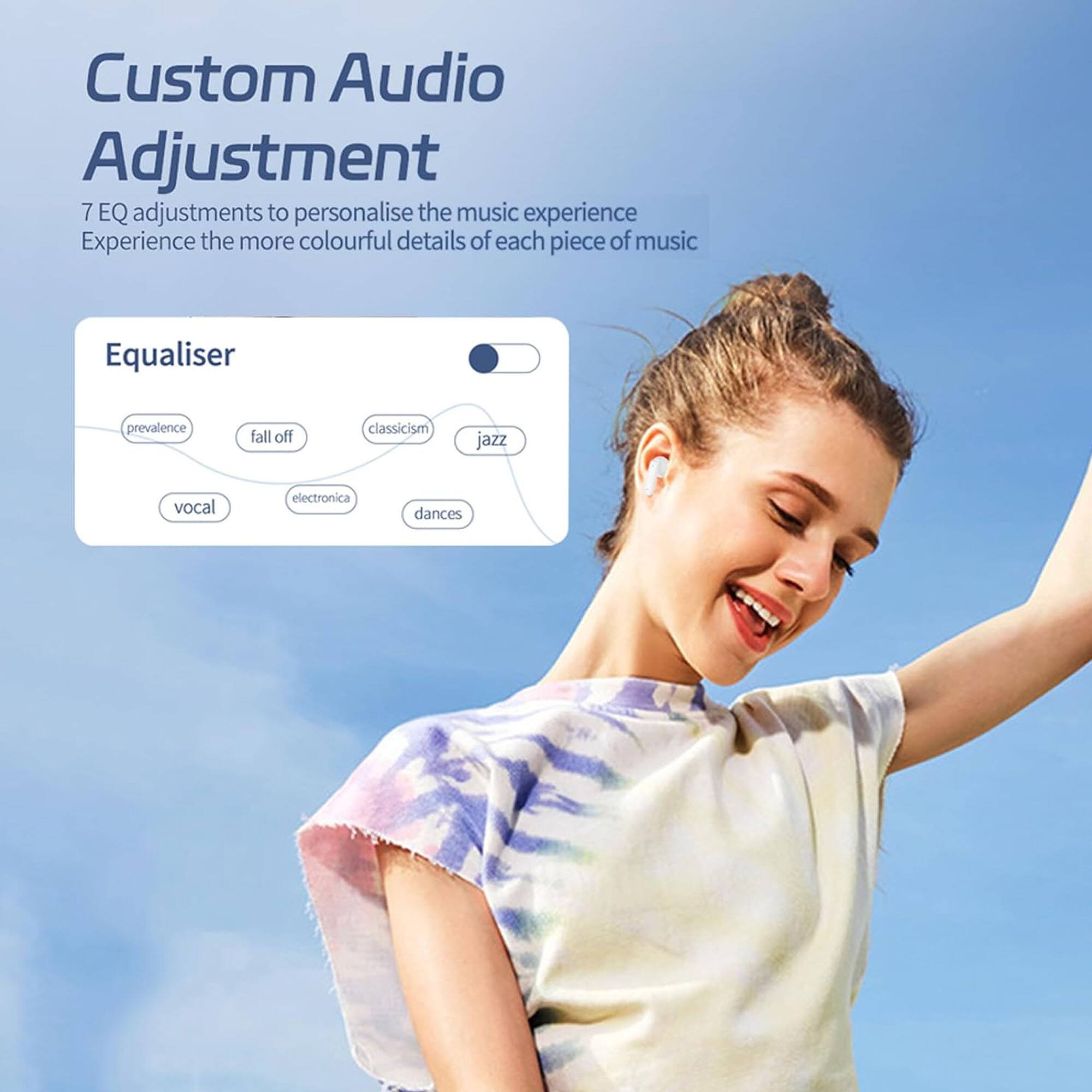 Custom Audio Adjustment  
7 EQ adjustments to personalise the music experience  
Experience the more colourful details of each piece of music  

Equaliser  
- prevalence  
- fall off  
- classicism  
- jazz  
- vocal  
- electronica  
- dances