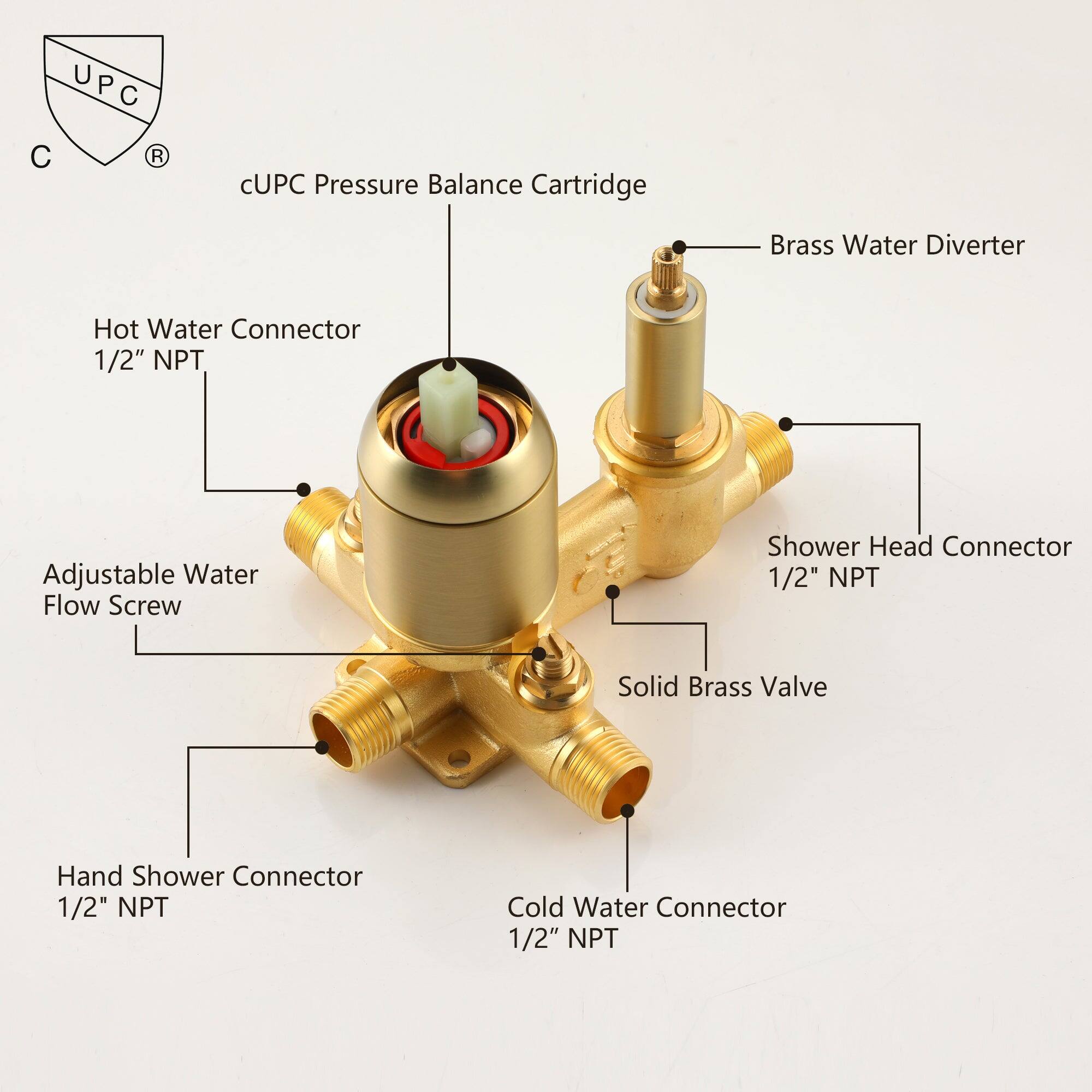 UPC U P C C  R CUPC Pressure Balance Cartridge Brass Water Diverter Hot Water Connector 1/2" NPT Adjustable Water Flow Screw Shower Head Connector 1/2" NPT Solid Brass Valve Hand Shower Connector 1/2" NPT Cold Water Connector 1/2" NPT
