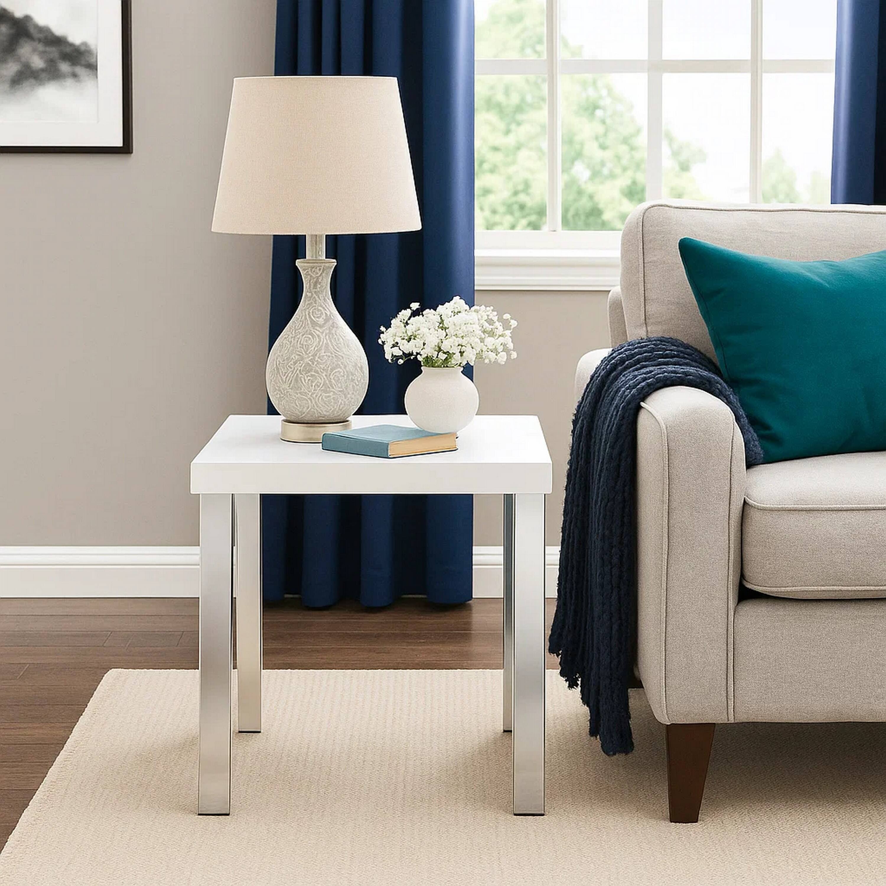 Alt View 6. Manhattan Lane - Square Wooden End Table with Straight Metal Legs - White and Chrome.