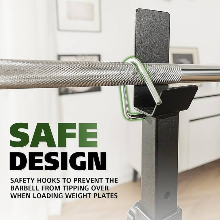 SAFE DESIGN
SAFETY HOOKS TO PREVENT THE BARBELL FROM TIPPING OVER WHEN LOADING WEIGHT PLATES