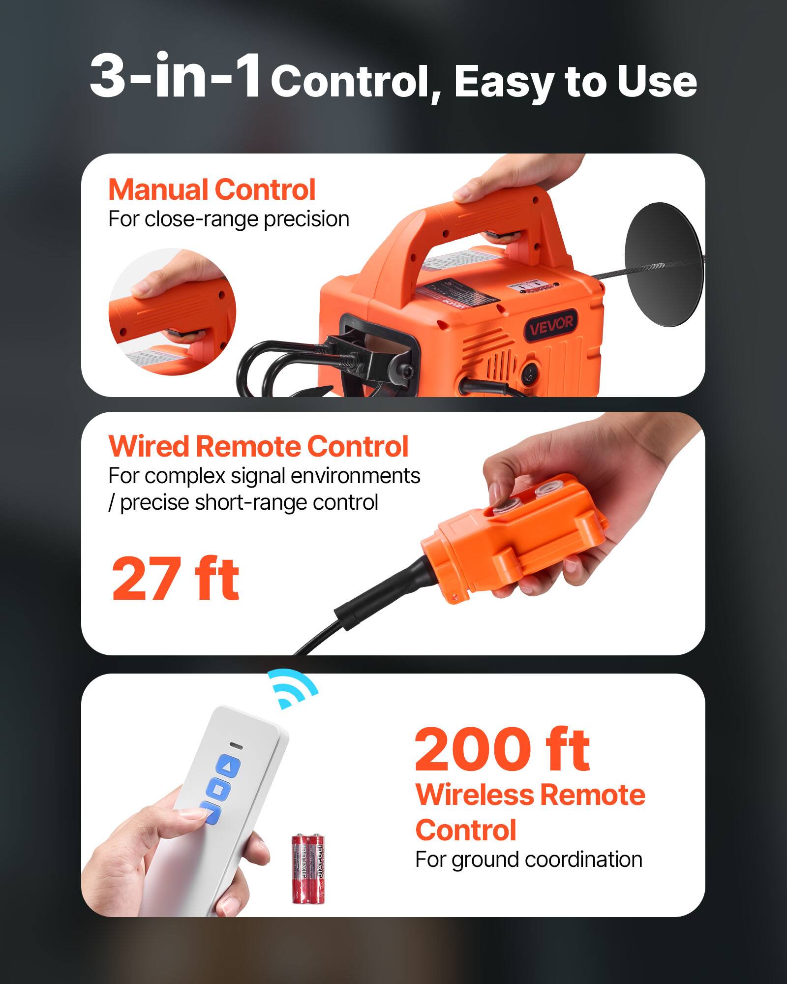 3-in-1 Control, Easy to Use

Manual Control
For close-range precision

Wired Remote Control
For complex signal environments / precise short-range control
27 ft

200 ft Wireless Remote Control
For ground coordination