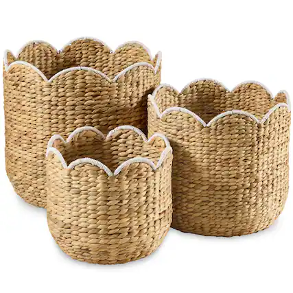 Front. Best Choice Products - Best Choice Products Scalloped 3PC Water Hyacinth Nesting Baskets - Natural w/ White Trim - Natural with White Trim.