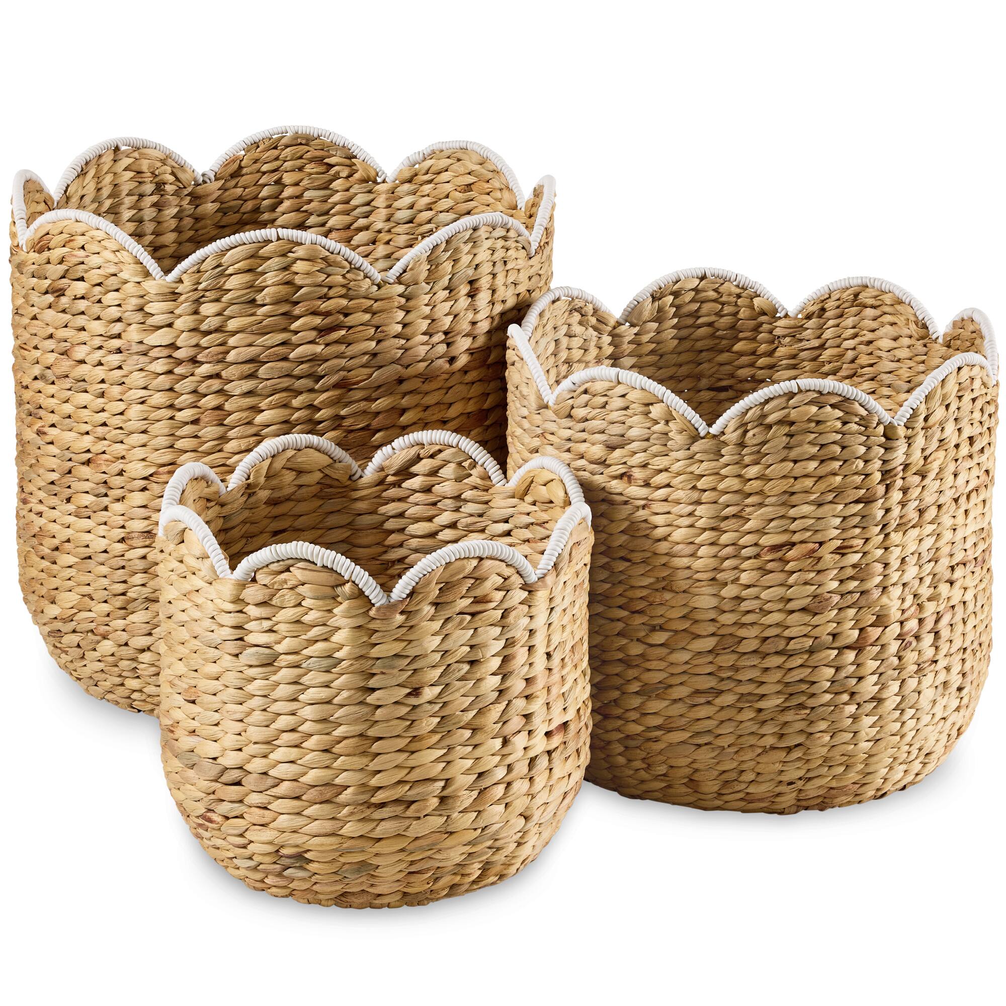 Front. Best Choice Products - Best Choice Products Scalloped 3PC Water Hyacinth Nesting Baskets - Natural w/ White Trim - Natural with White Trim.