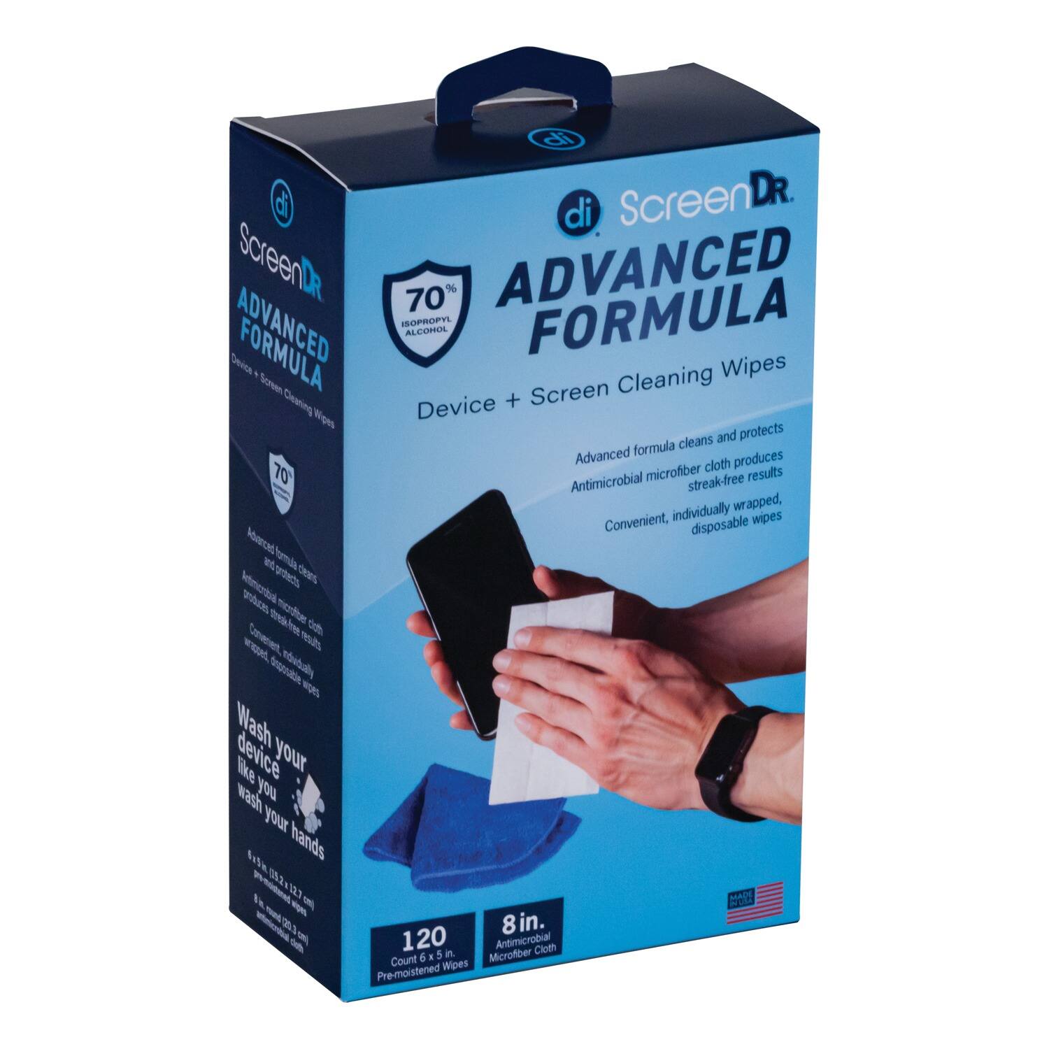 ScreenDR  
ADVANCED FORMULA  
Screen Cleaning Wipes  

70% ISOPROPYL ALCOHOL  

Advanced formula cleans and protects  
Antimicrobial microfiber cloth produces streak-free results  
Convenient, individually wrapped, disposable wipes  

Wash your device like you wash your hands  

120 Count  
6 x 5 in.  
8 in. Microfiber Cloth  
Pre-moistened  

MADE IN USA